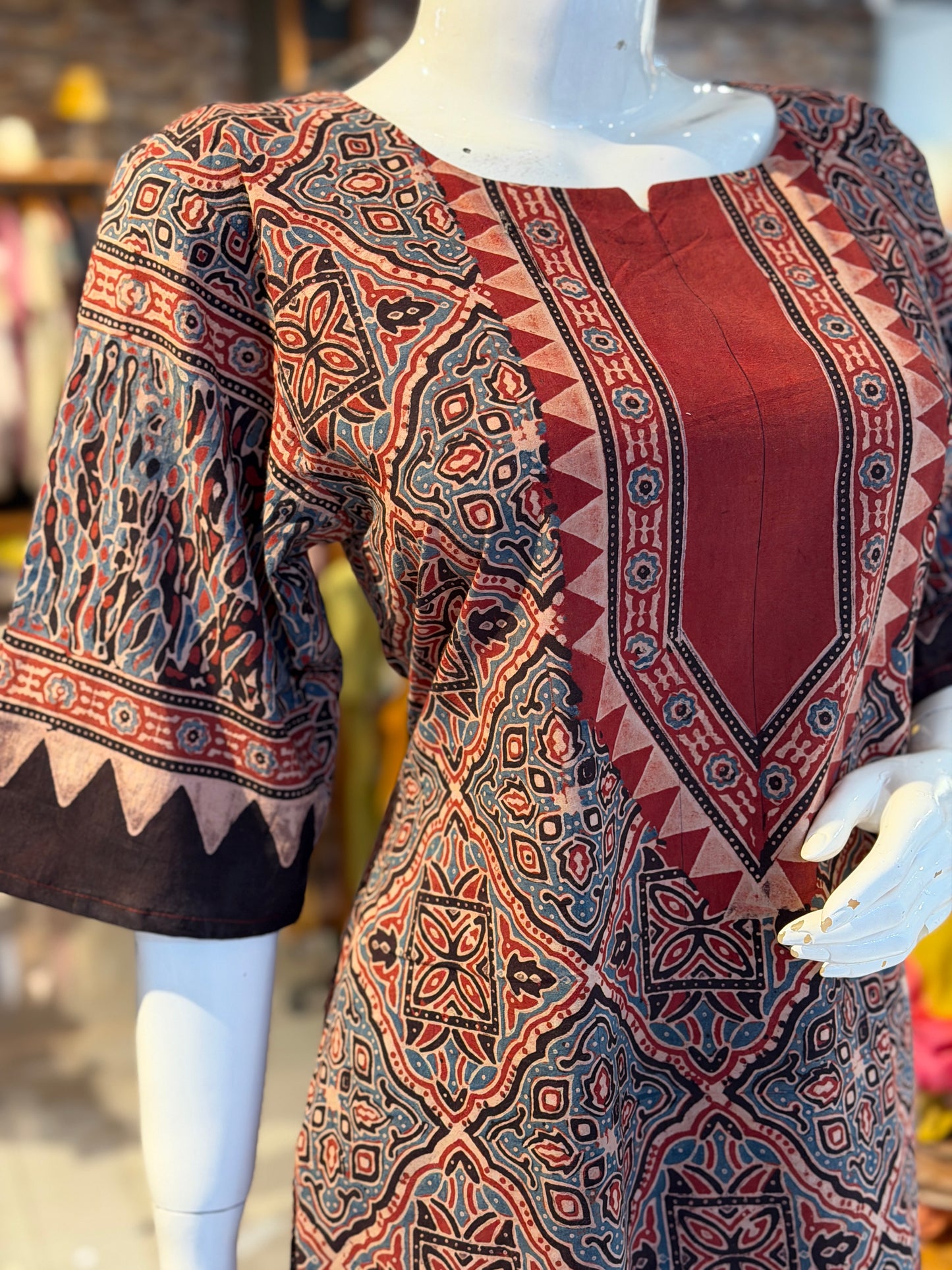 Maroon Ajrakh hand block printed cotton straight kurti with yoke design