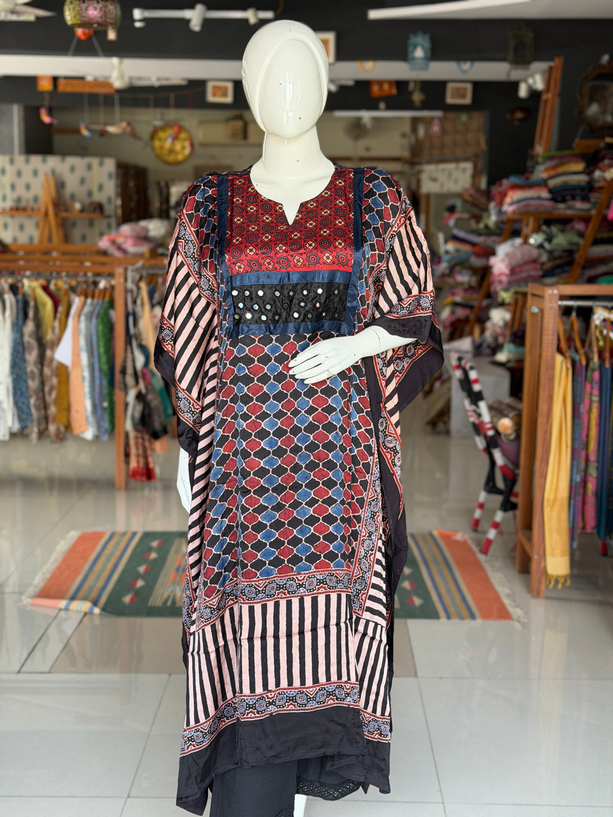 Ajrakh modal free size kaftan with mirror embroidery and patch work yoke