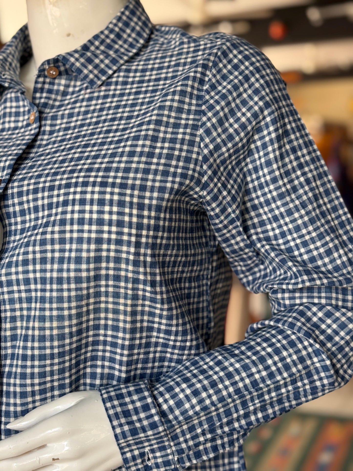 Indigo checkered collared shirt for women in handwoven cotton