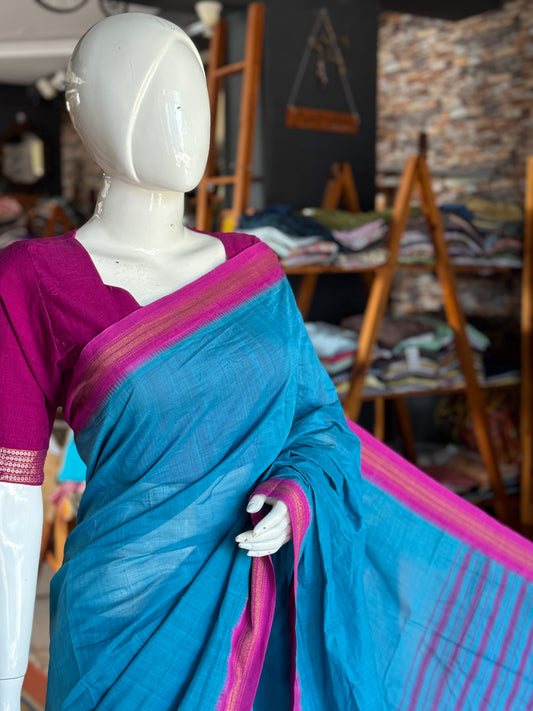 Blue pink handloom cotton saree with Kuppadam thread border