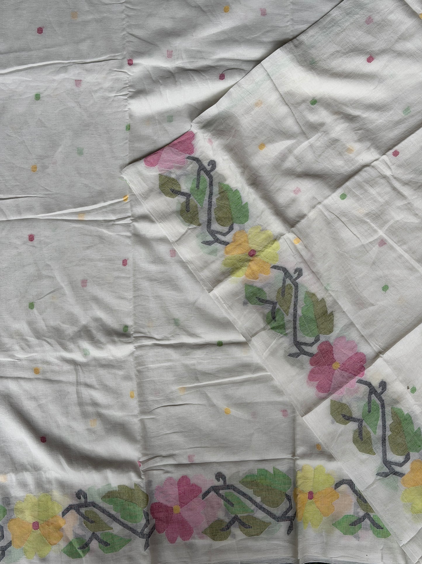 Off white Jamdani soft cotton handloom fabric with multi color floral border