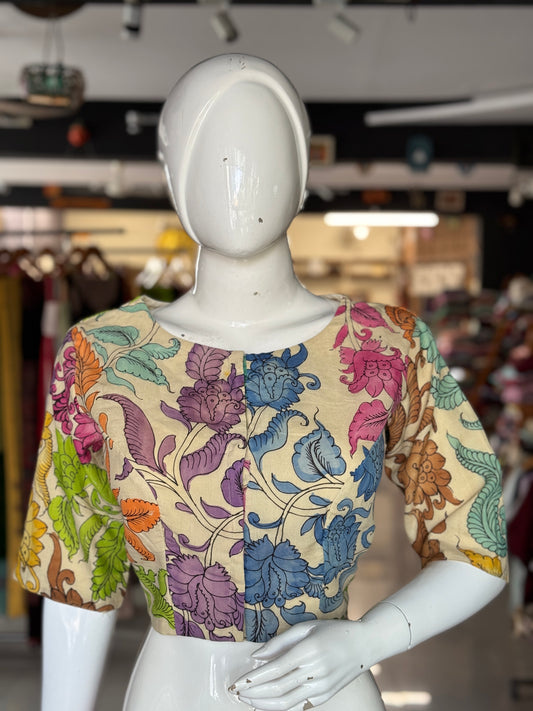 Cream Pen Kalamkari hand painted silk blouse with colorful vines - with elbow sleeves