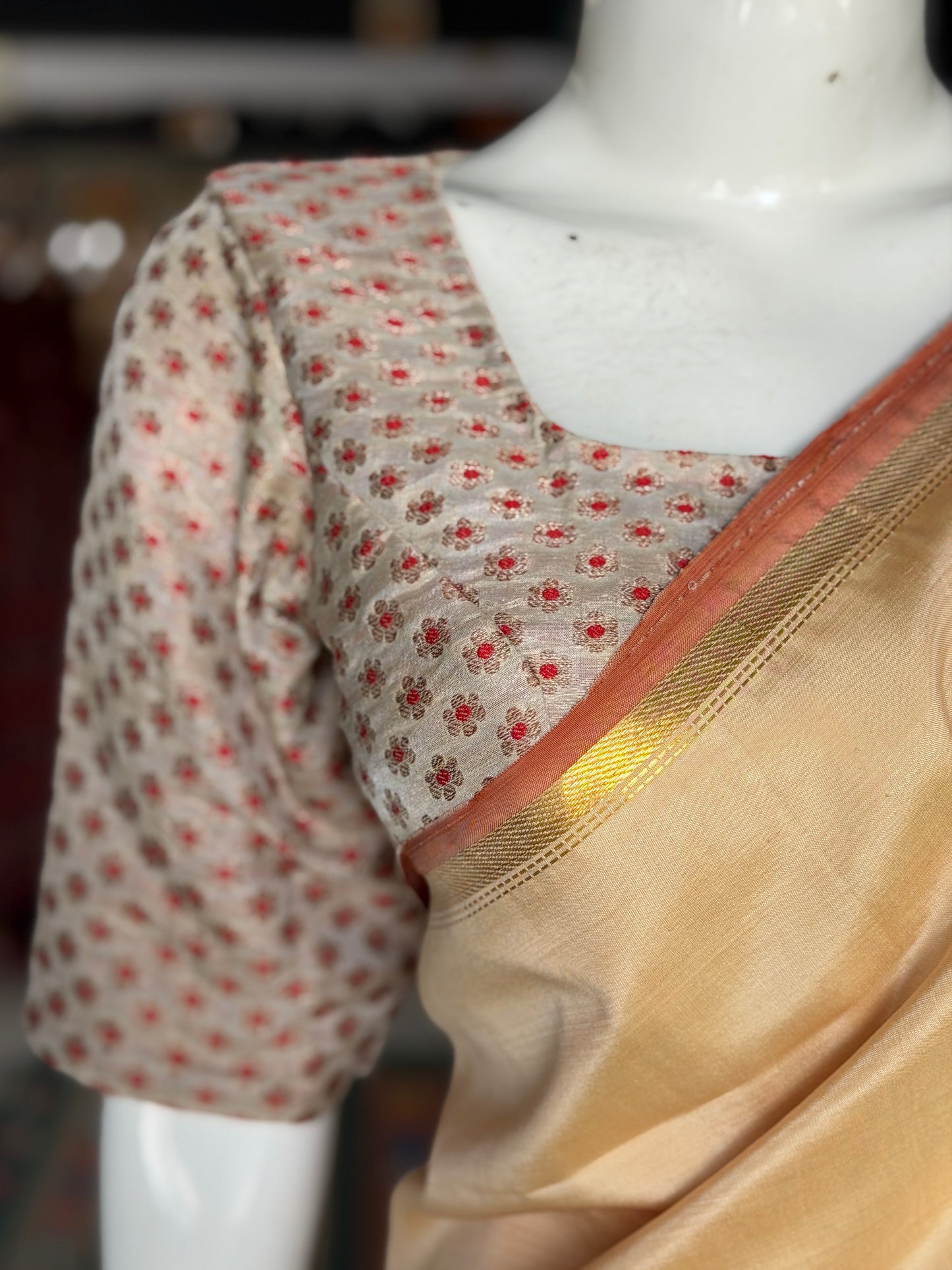 Cream handwoven silk blouse with gold and red flower butis