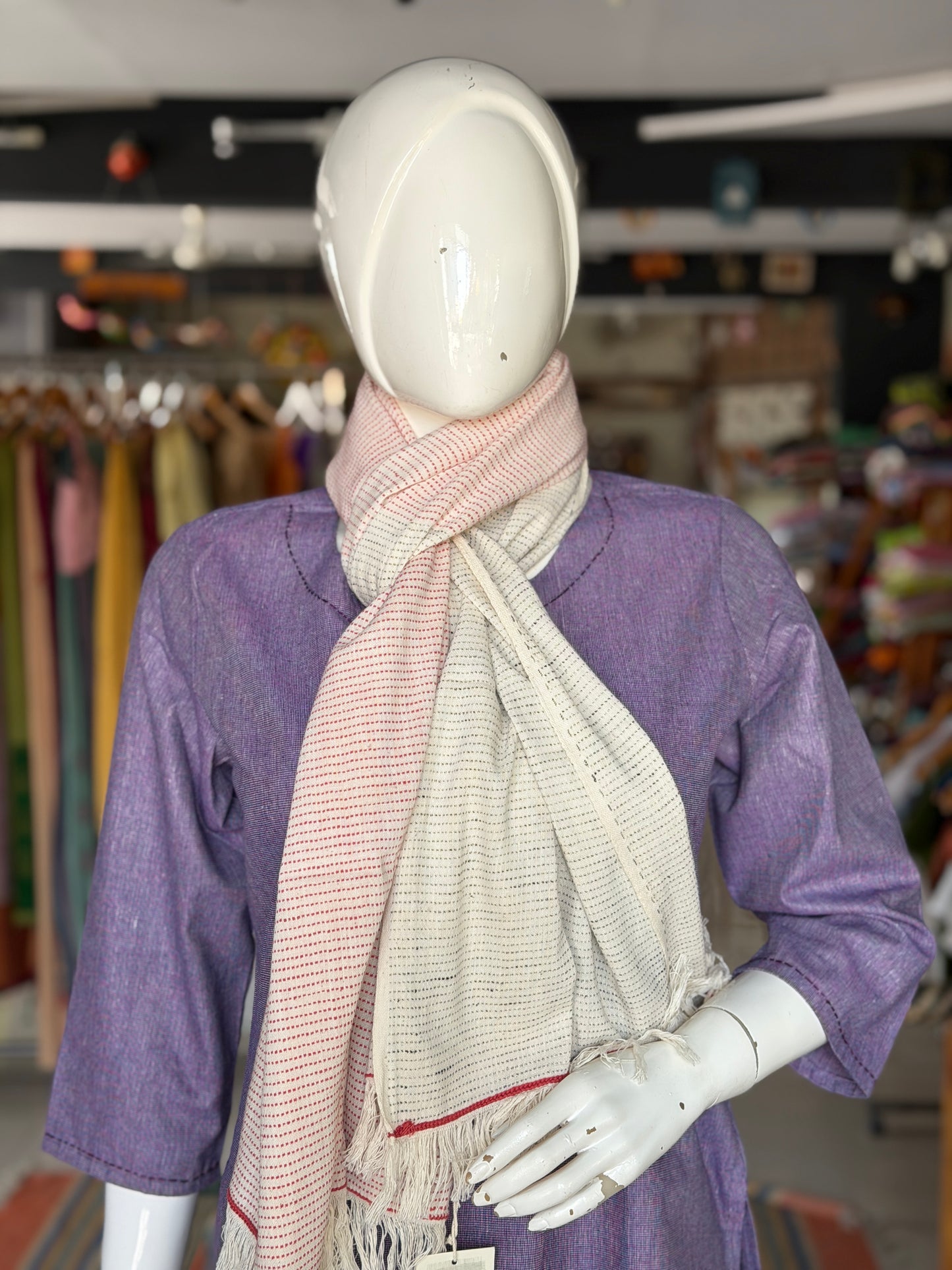 Off white hand spun, hand woven cotton scarf / stole with red and black woven lines - unisex