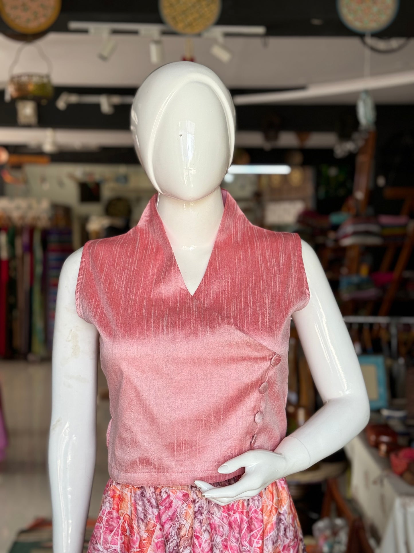 Light pink raw silk crop top / blouse with standing  collar and overlap front