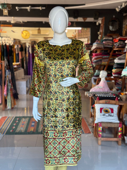 Yellow velvet straight kurti with Ajrakh hand block prints and long sleeves