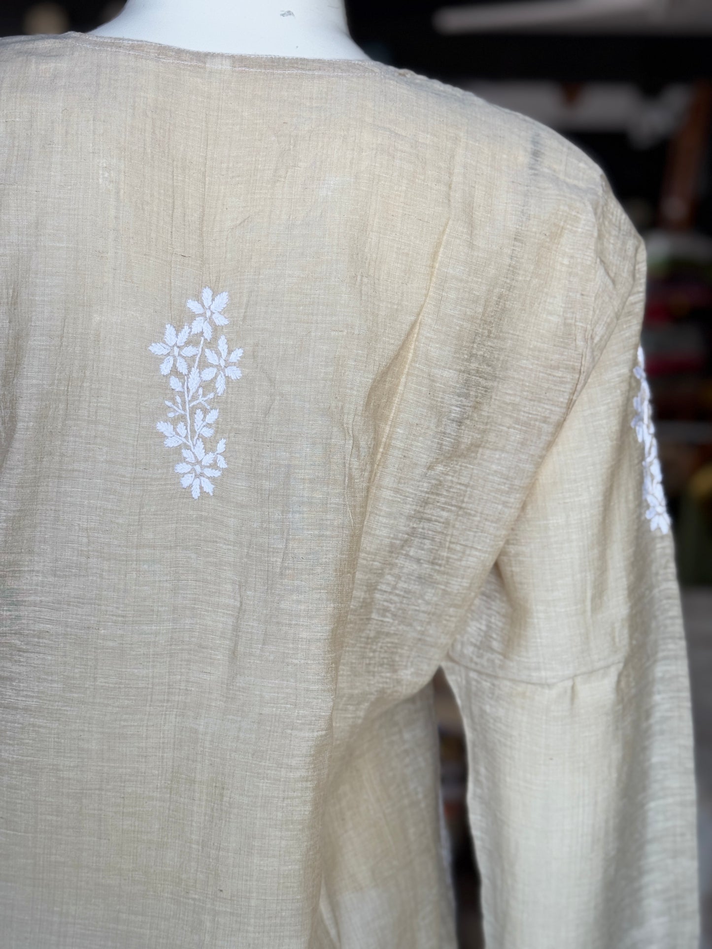 Beige Chikankari hand embroidered cotton short kurta for women