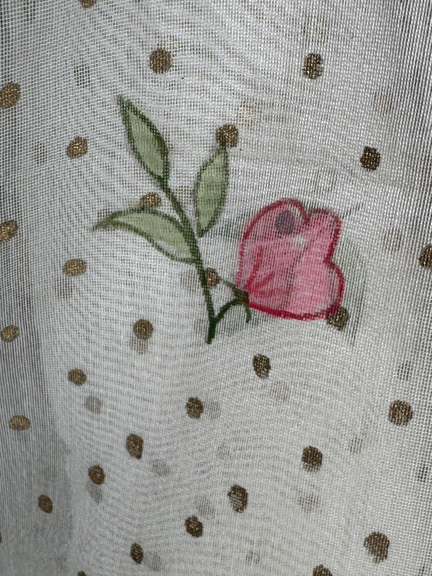 Off white with gold polka dots hand block print and flowers hand painted silk cotton saree