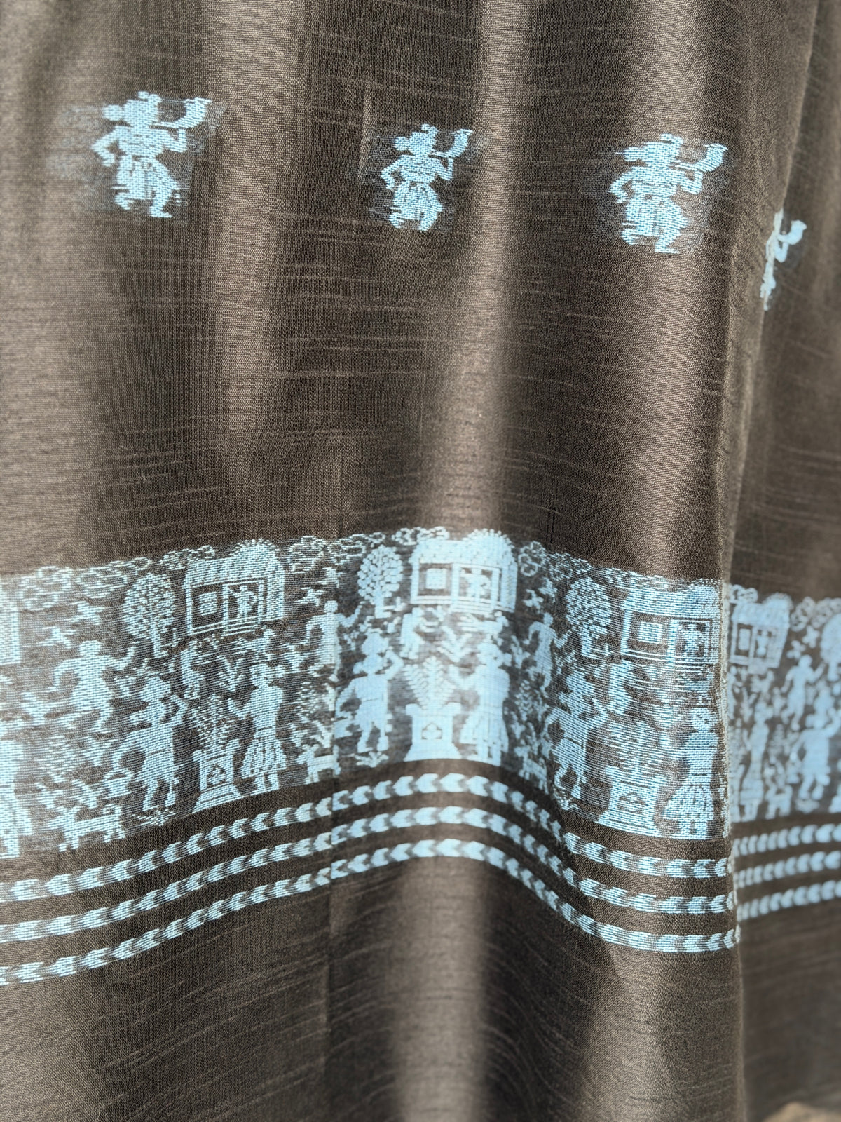 Black hand woven raw silk a-line kurti dress with blue tribal motifs