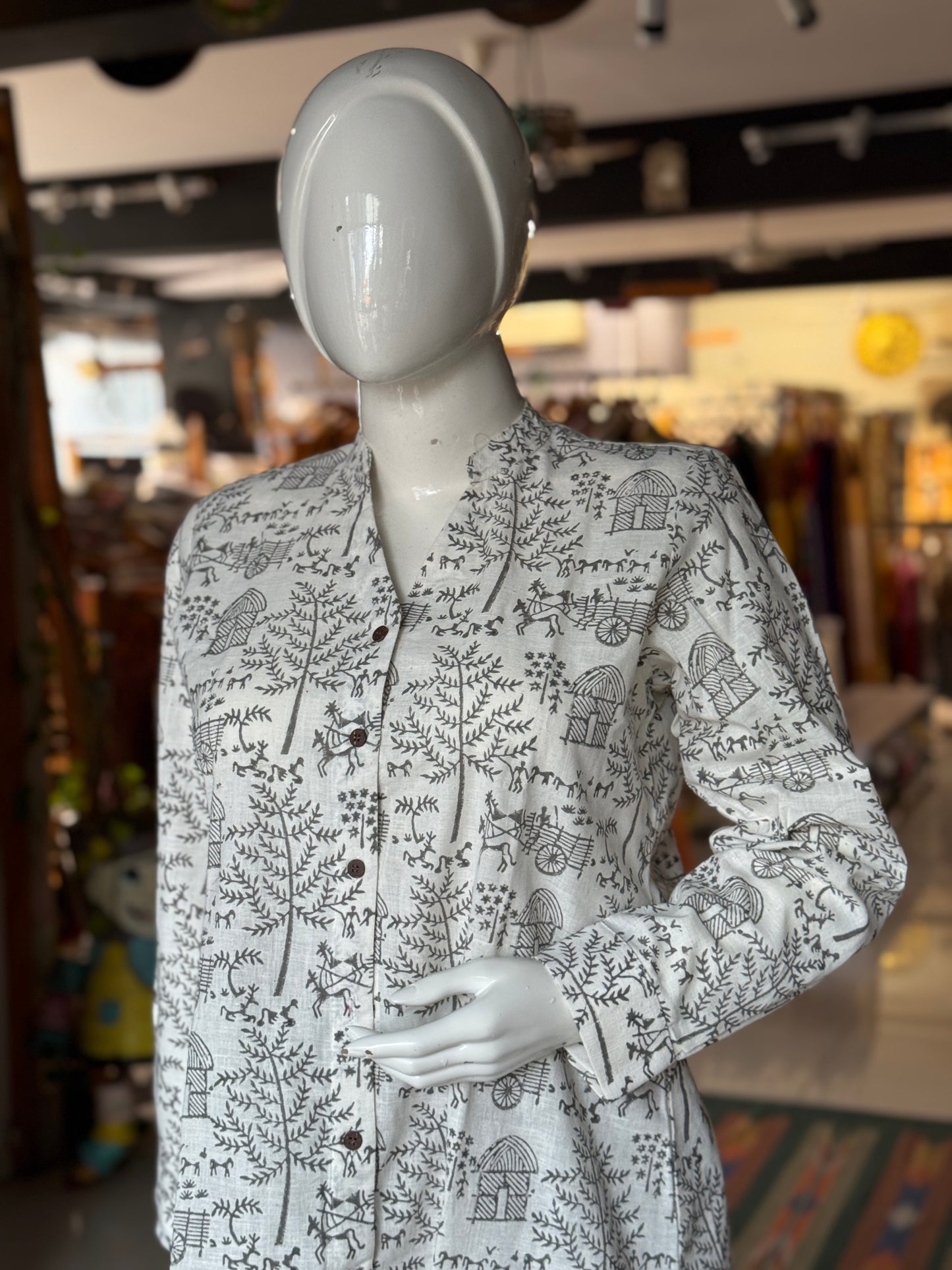 White, village theme print Chinese collared top with V-neckline - hand block printed, Hand spun, hand woven cotton