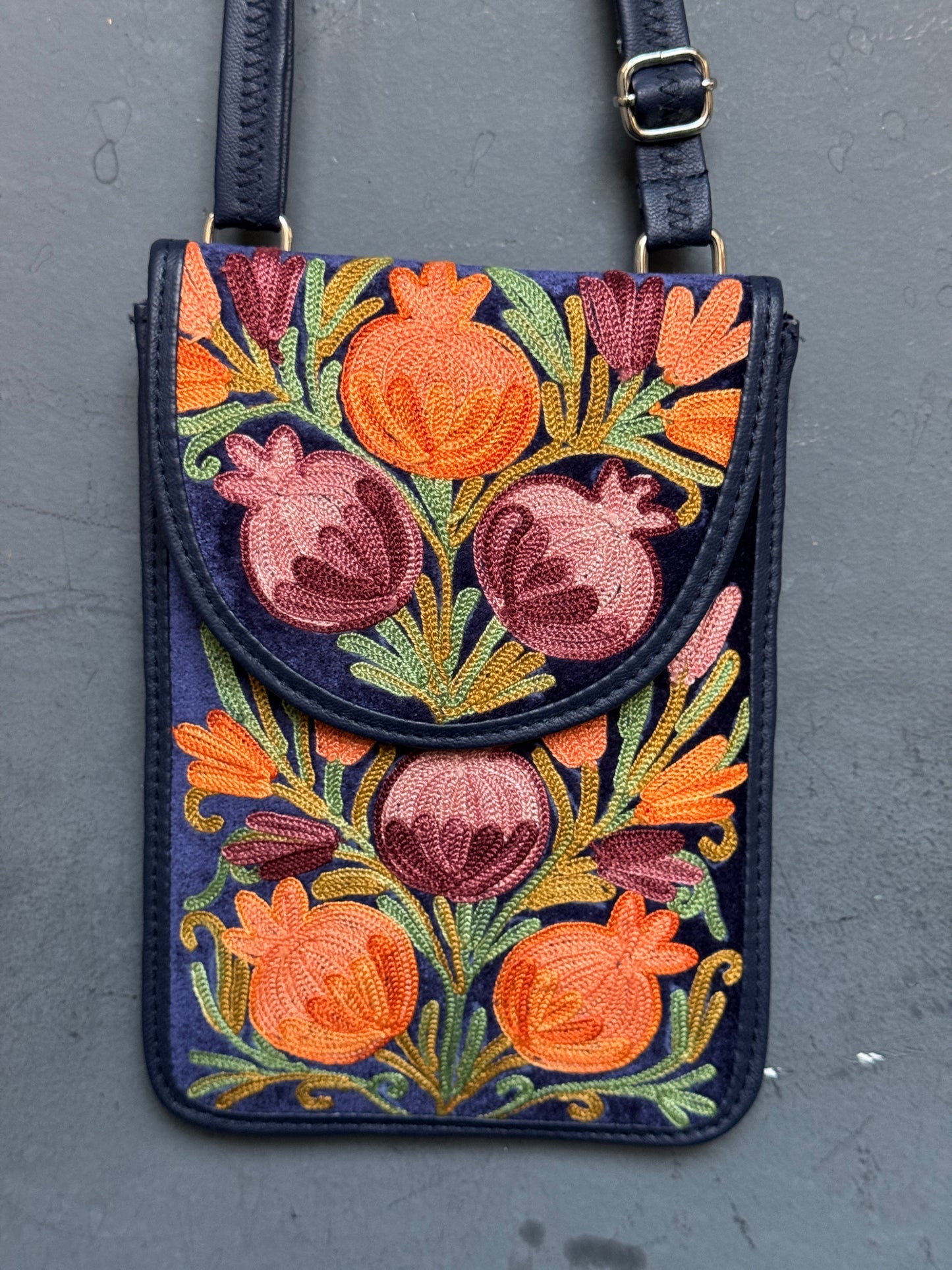 Mobile phone sling pouch - Kashmiri floral Aari embroidered with adjustable length strap and zippered back pocket - colors available