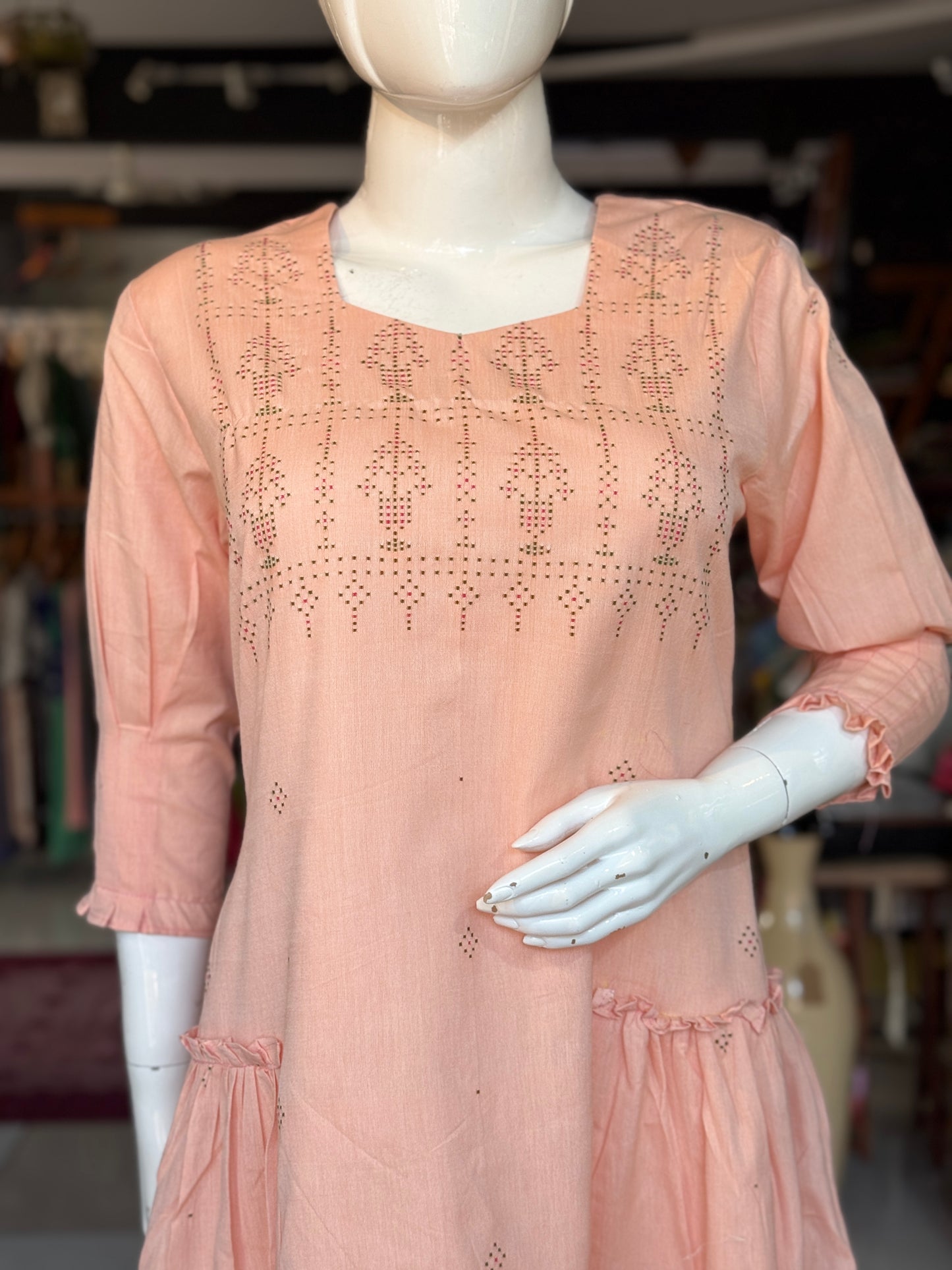 Peach Tangaliya handwoven cotton dress with two tiered side frills