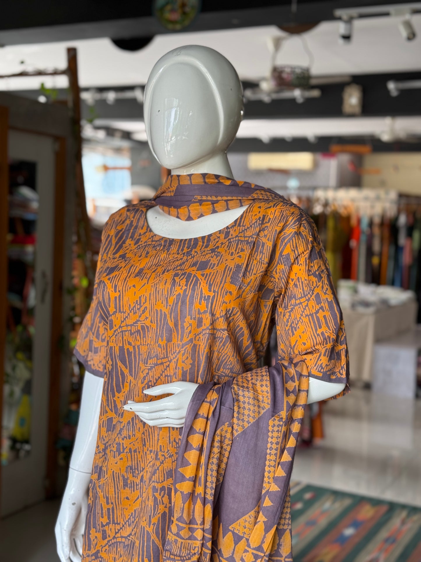 Lavender n orange pattern soft batik cotton A-line kurta, dupatta and pants -  3 piece suit set