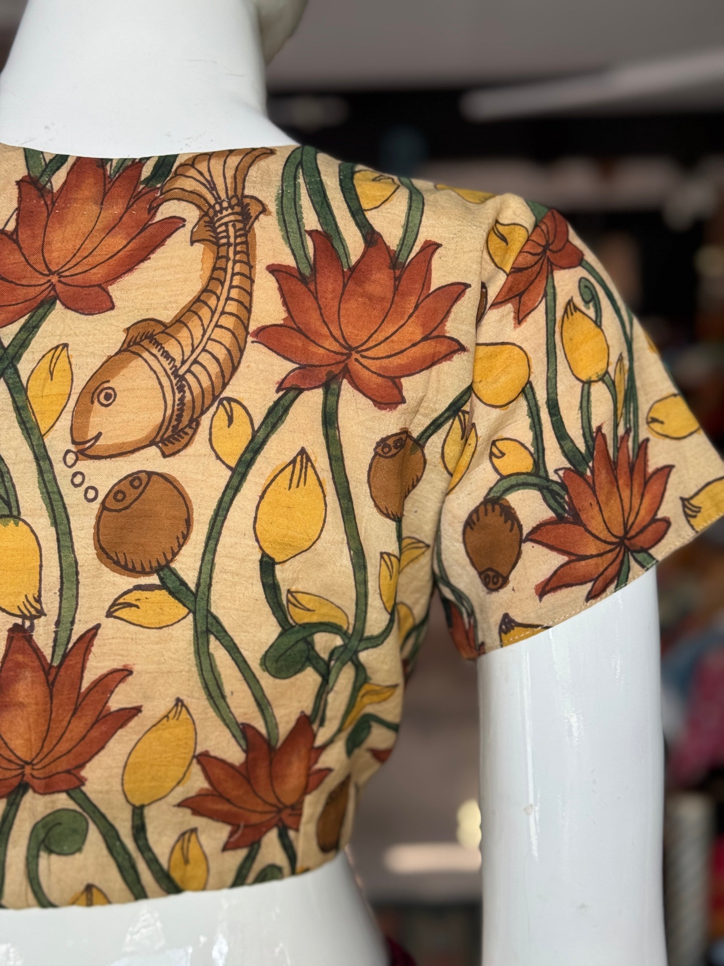 Beige Pen Kalamkari hand painted silk blouse with short sleeves