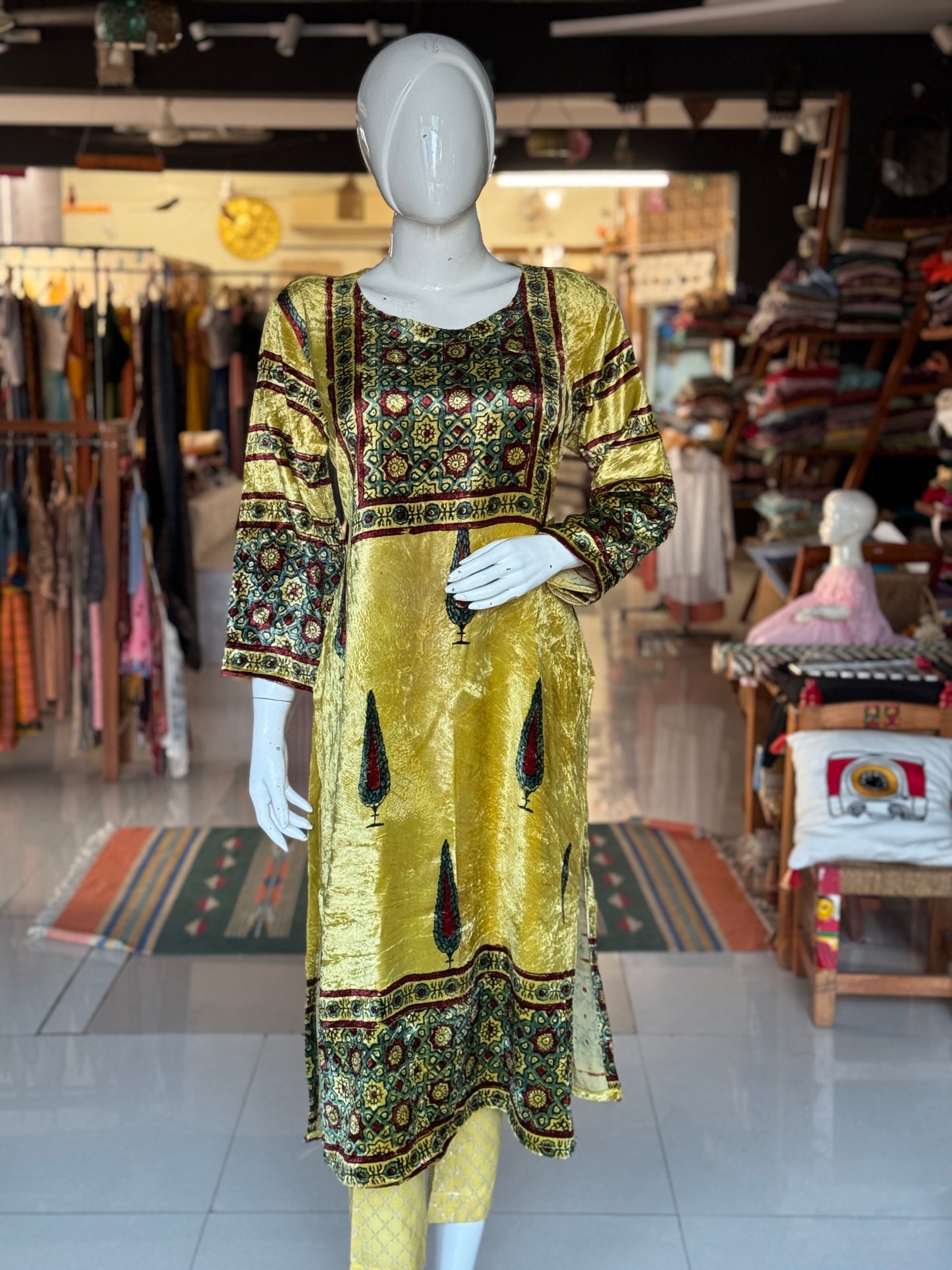 Yellow velvet straight kurti with Ajrakh hand block prints and long sleeves