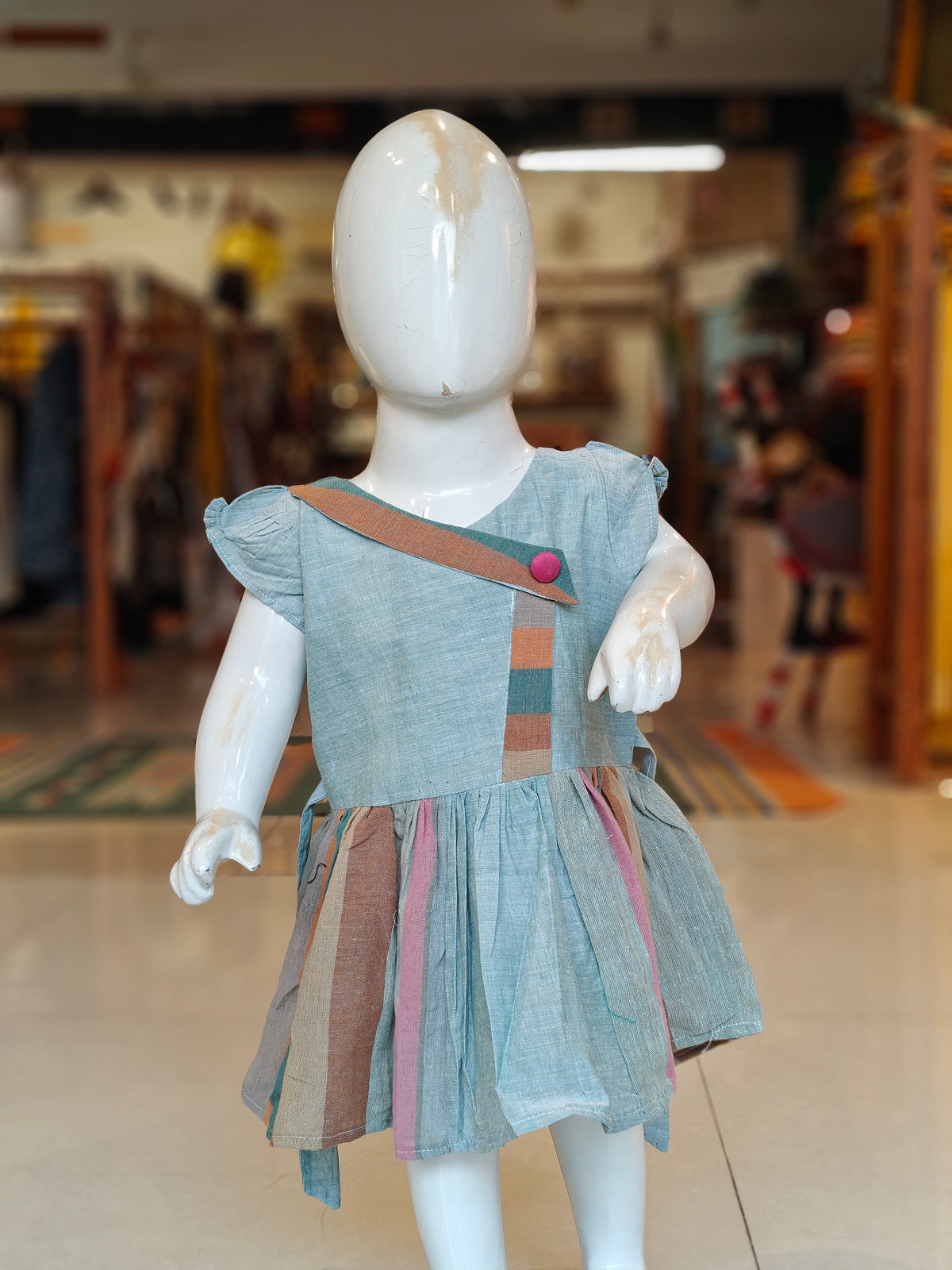 Green stripes n plain handloom cotton frock for little girls
