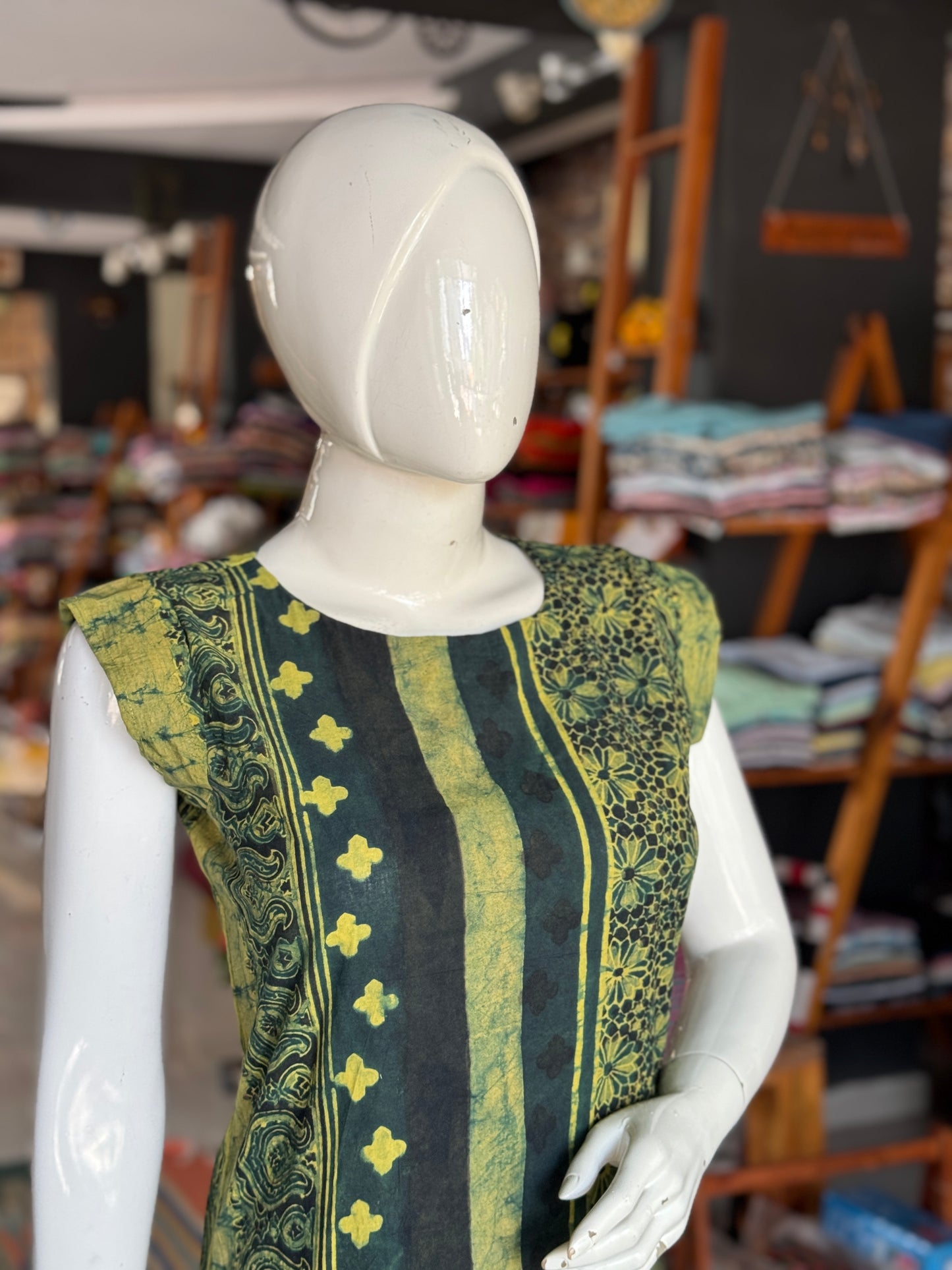 Green and yellow Ajrakh hand block printed cotton straight kurti with diamond pattern