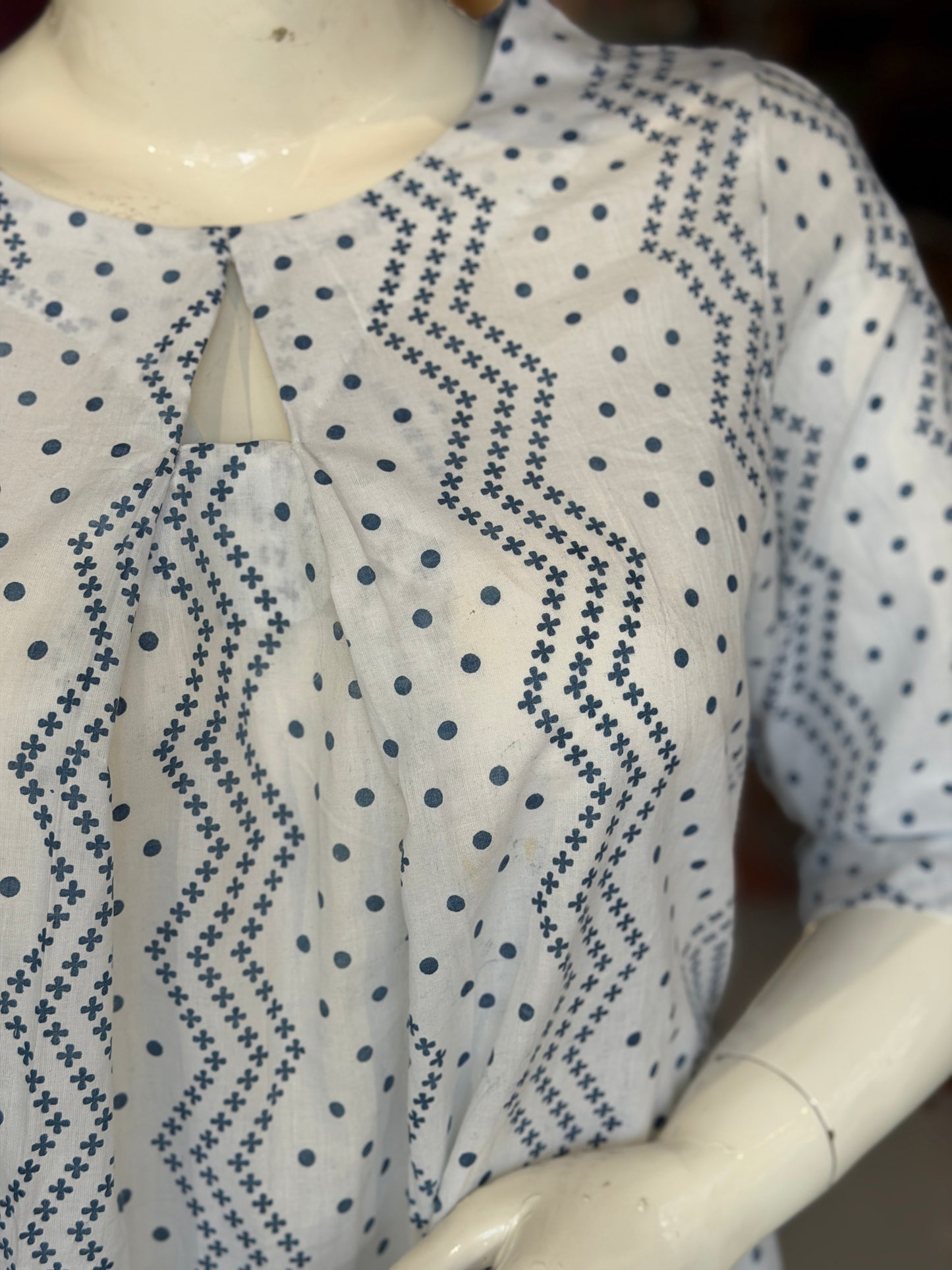 White with blue dots and flowers natural dye print cotton dress / a-line Kurti