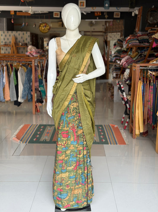Green forest theme hand painted pen Kalamkari silk lehenga