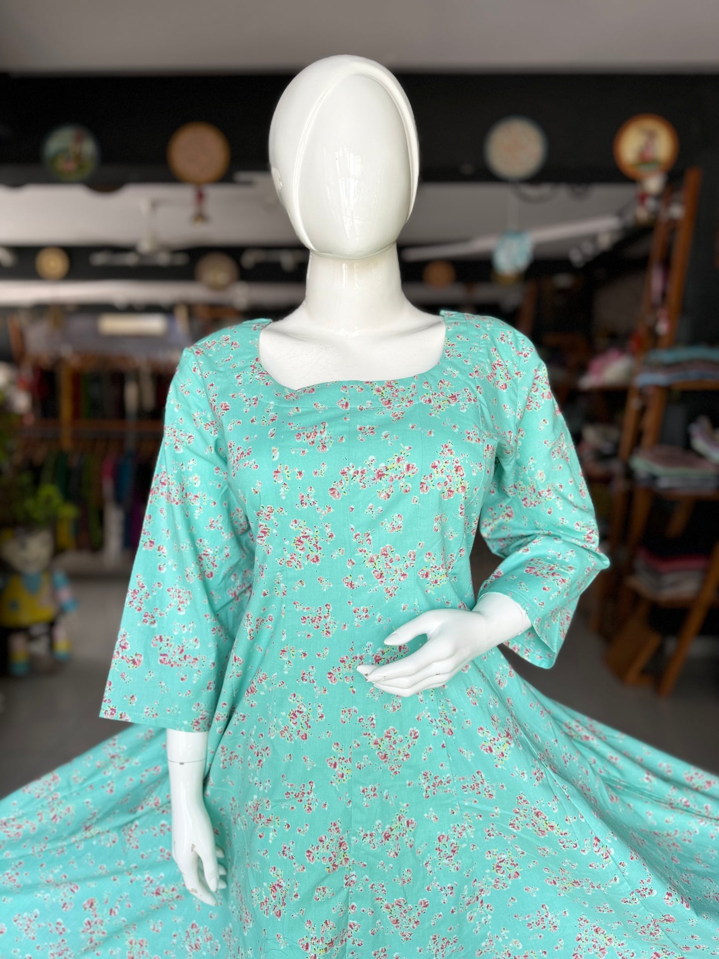 Sea green small flowers hand block printed cotton kalis dress