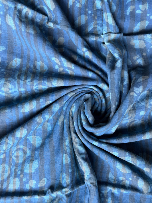 Blue flowers hand block printed cotton fabric - double dabu print
