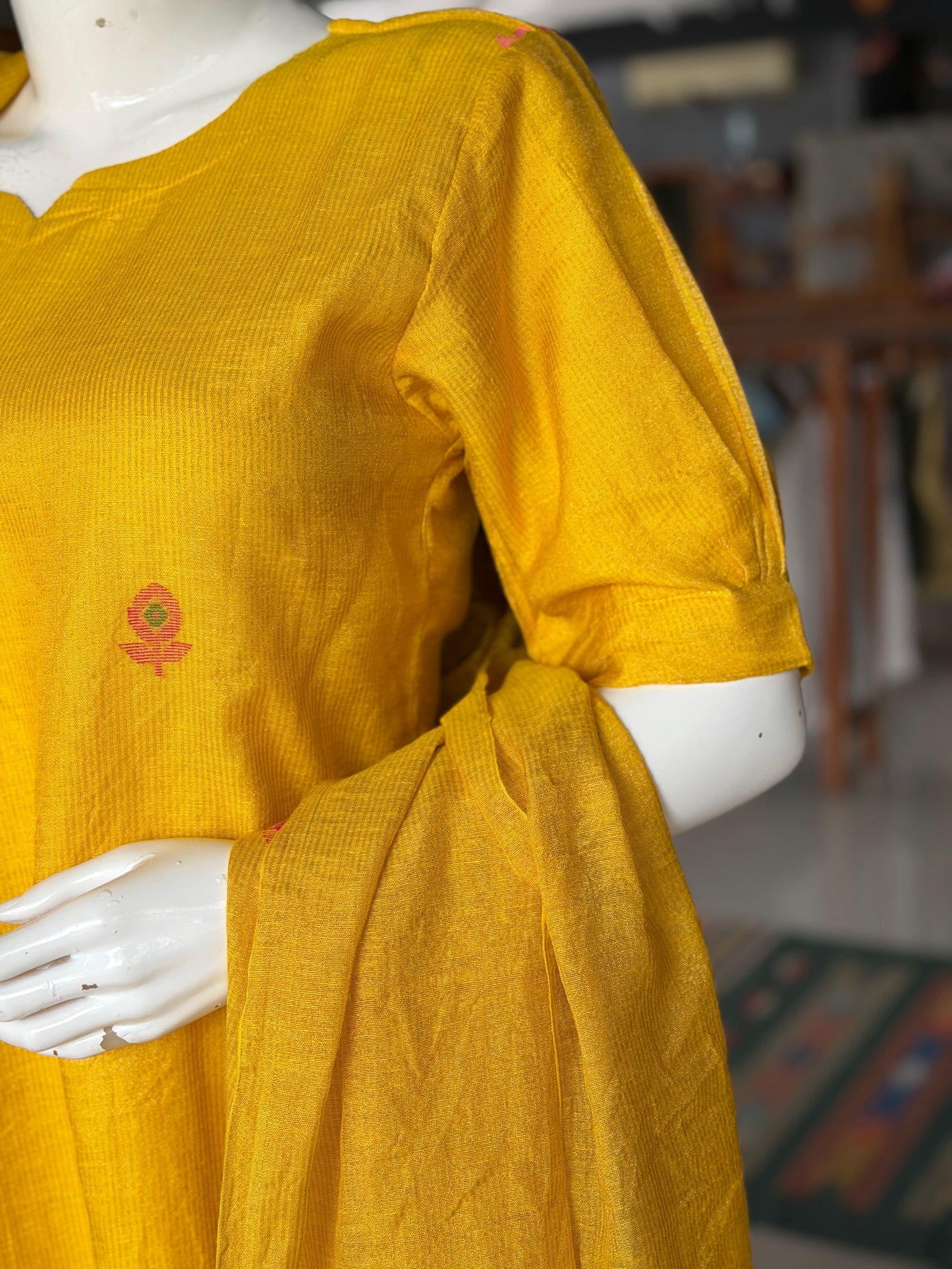Yellow silk tissue linen handwoven Jamdani - kurti n dupatta 2 piece set