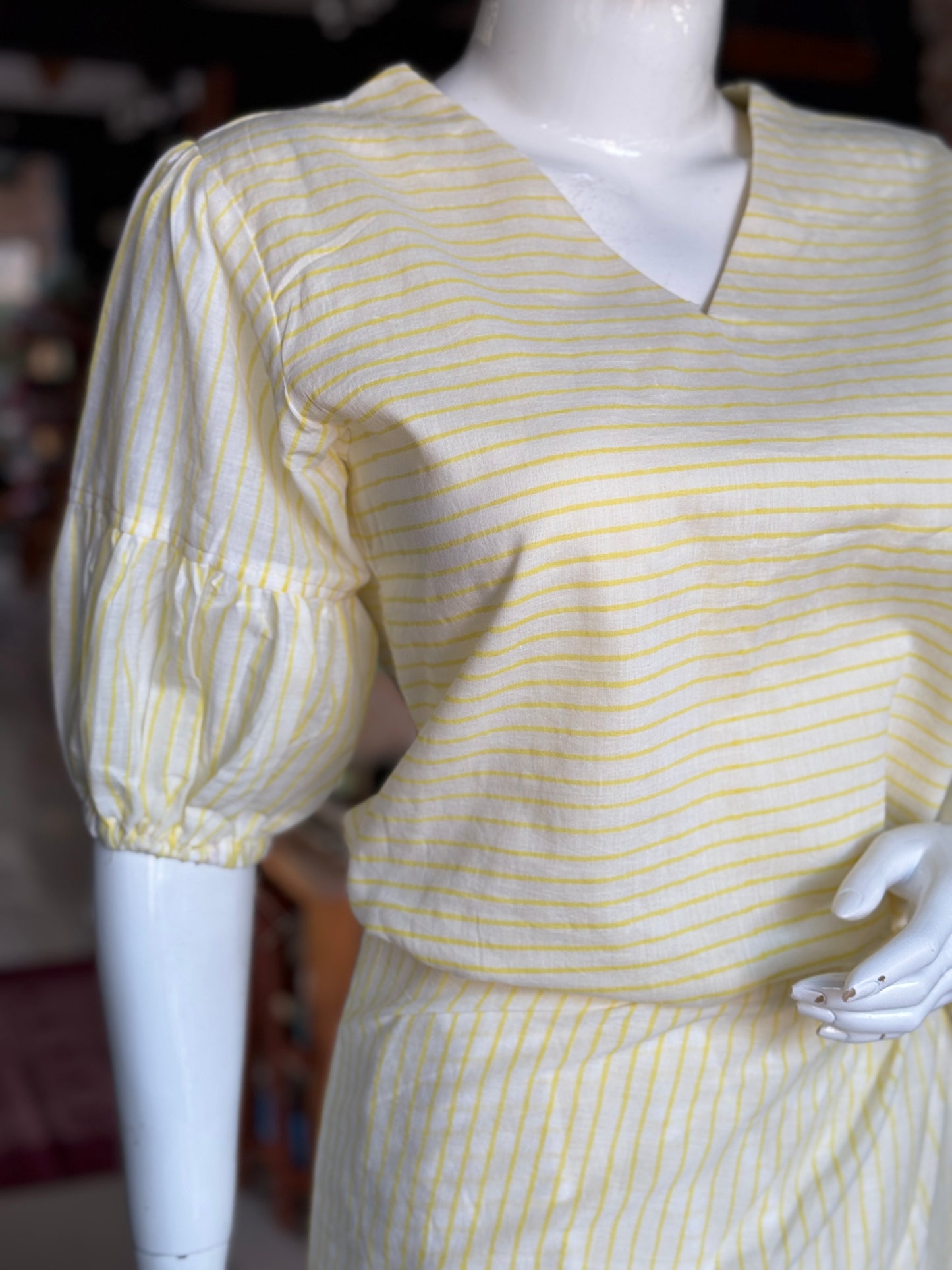 Off white and yellow stripes hand block printed soft cotton dress with skirt look flap