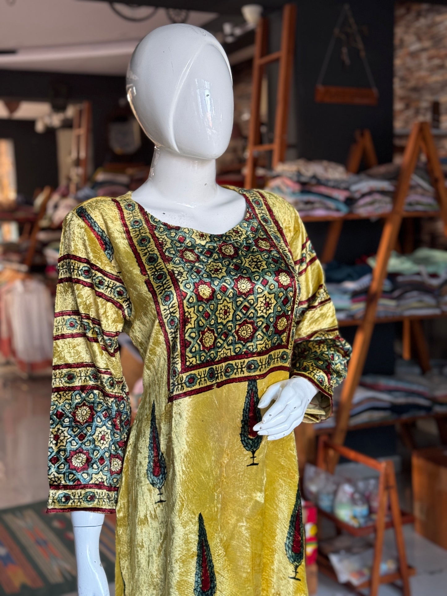 Yellow velvet straight kurti with Ajrakh hand block prints and long sleeves