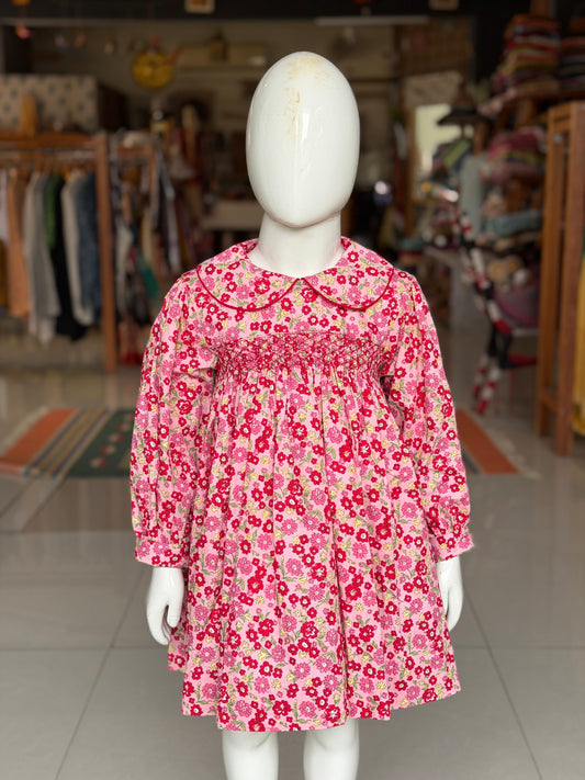 Pink floral smocking cotton frock for girls with collar