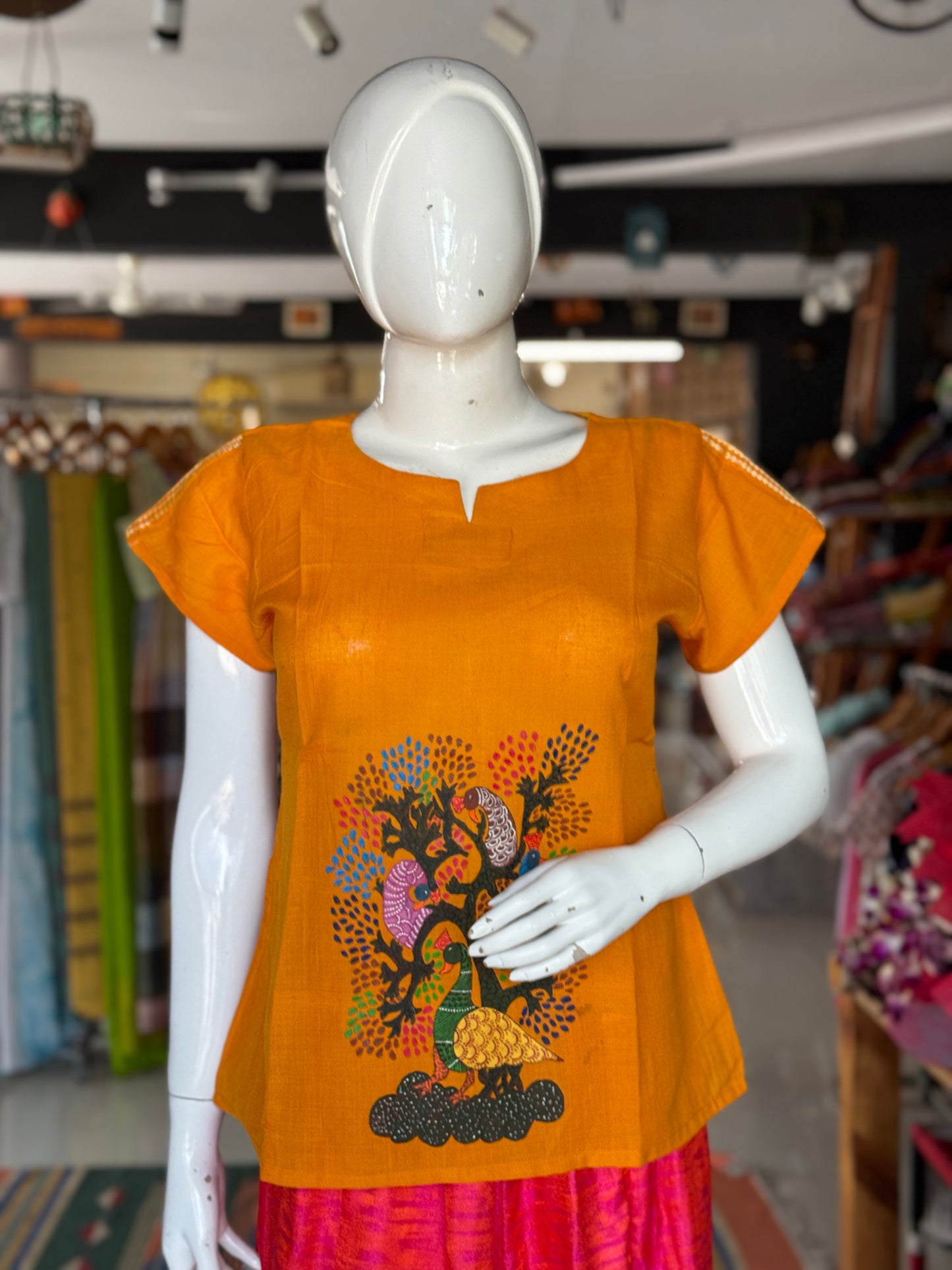 Yellow peacocks hand painted, handwoven cotton top