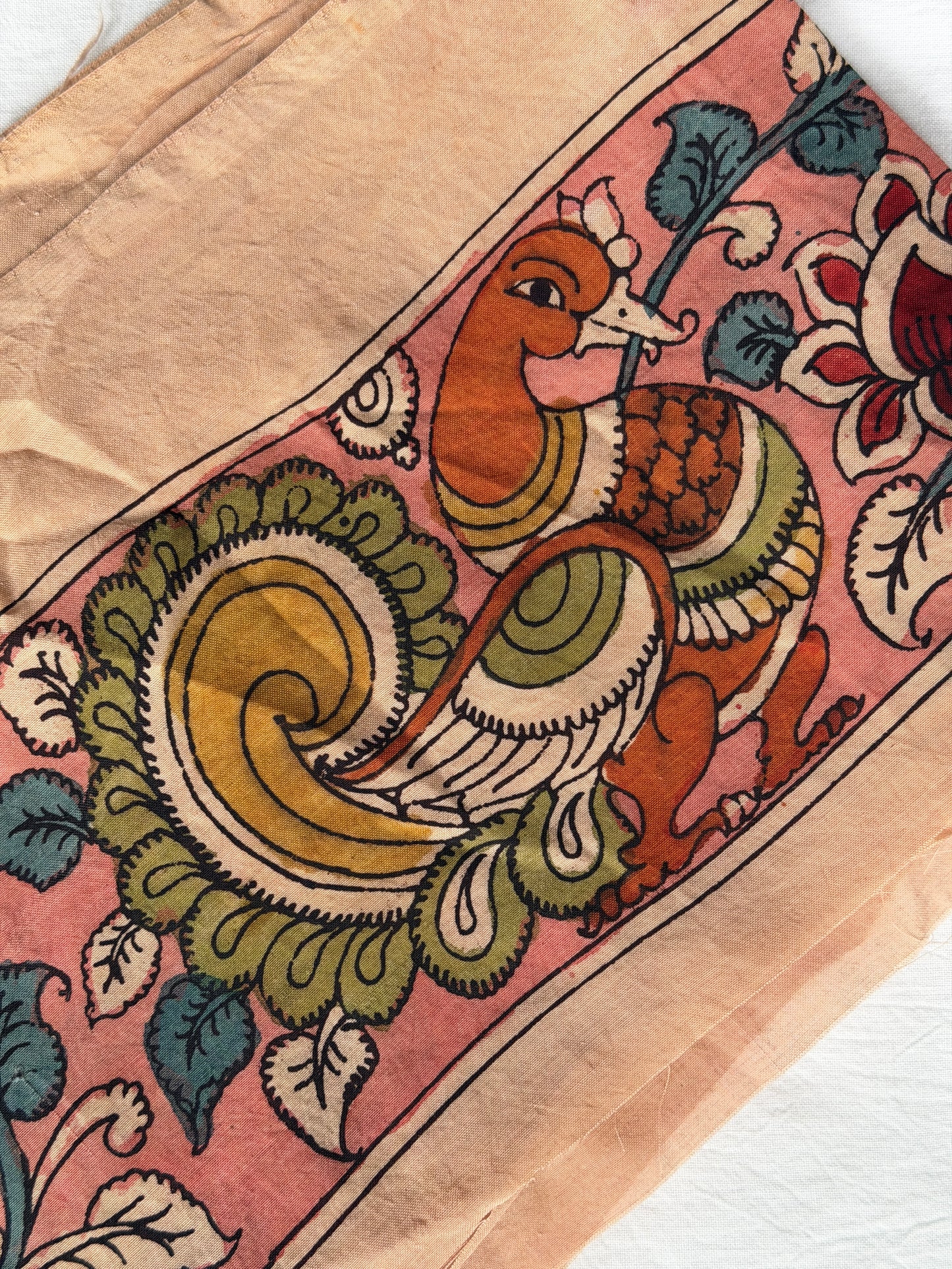 Pink Silk pen Kalamkari hand painted border with peacocks and flowers design