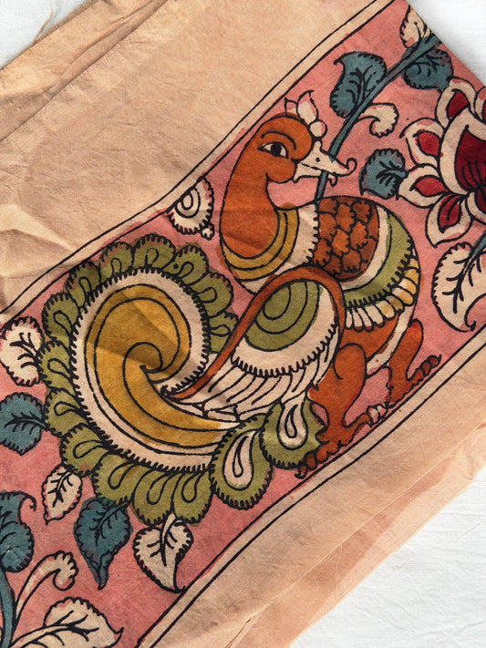 Pink Silk pen Kalamkari hand painted border with peacocks and flowers design