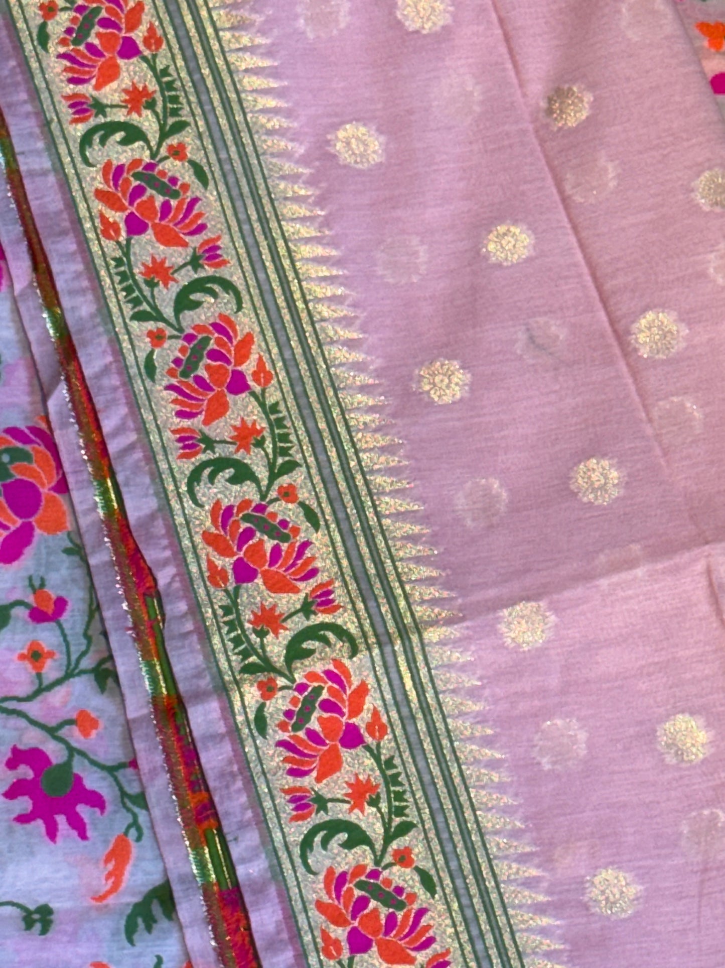 Pink Banarasi cotton 3 piece unstitched suit set with floral patterns