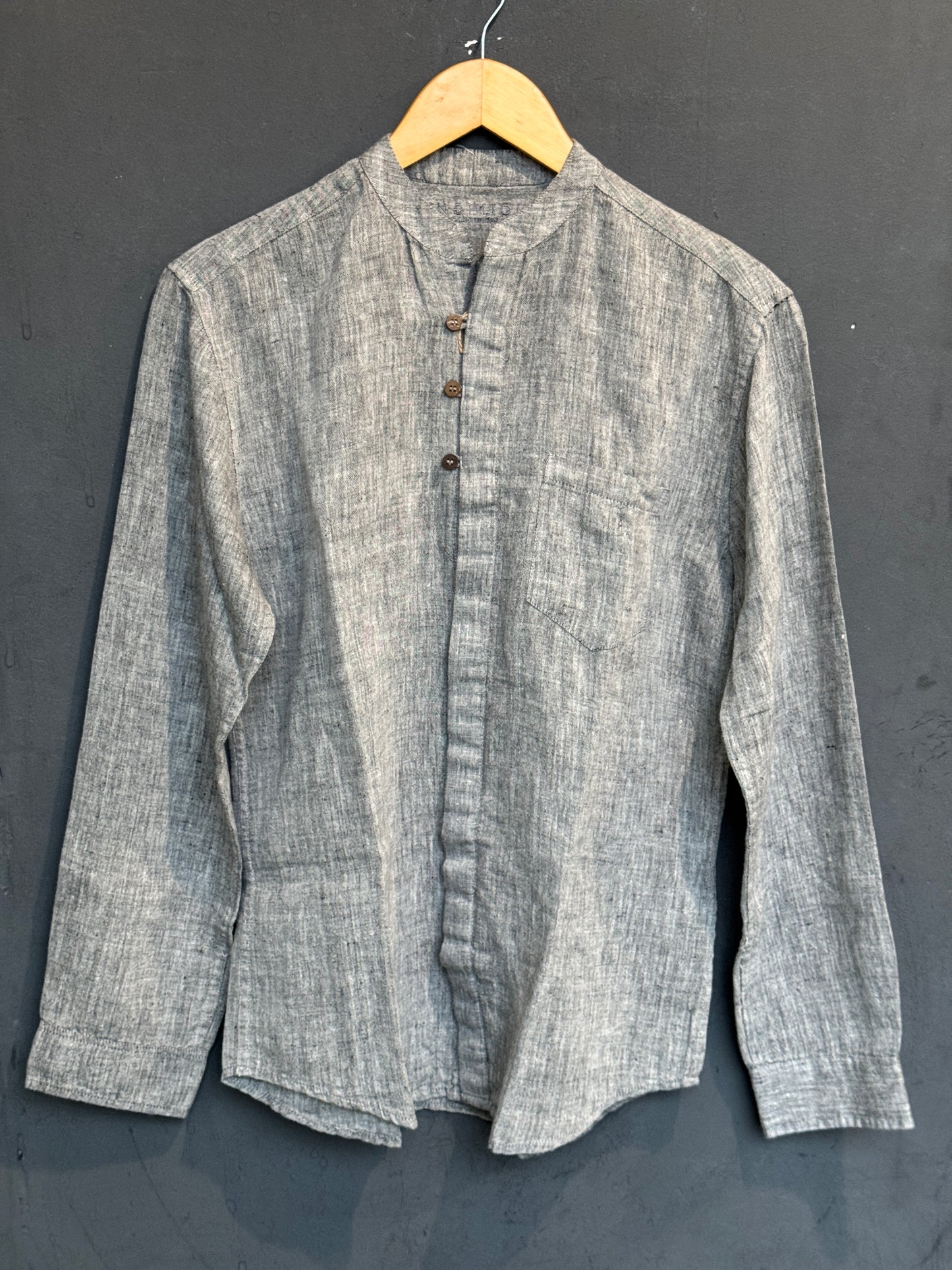Grey linen handwoven full sleeves kurta style shirt for men