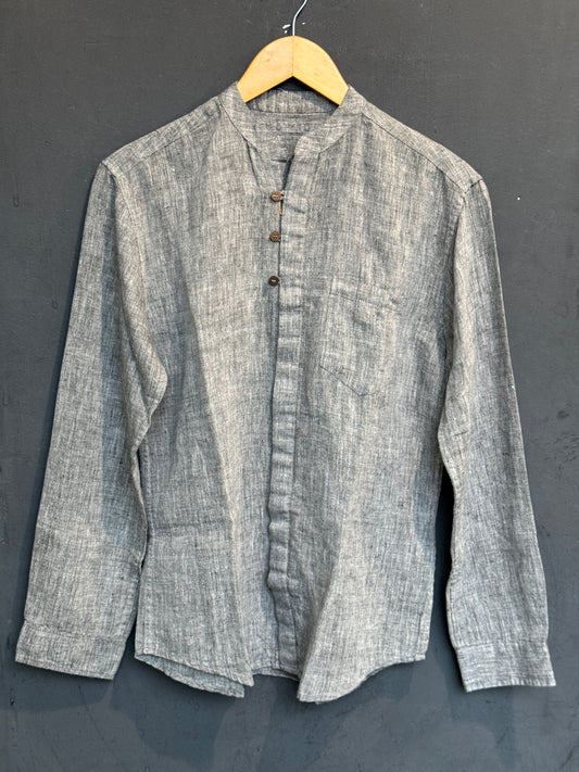 Grey linen handwoven full sleeves kurta style shirt for men