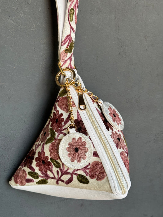 White Kashmiri floral Aari embroidered pyramid potli bag with handle