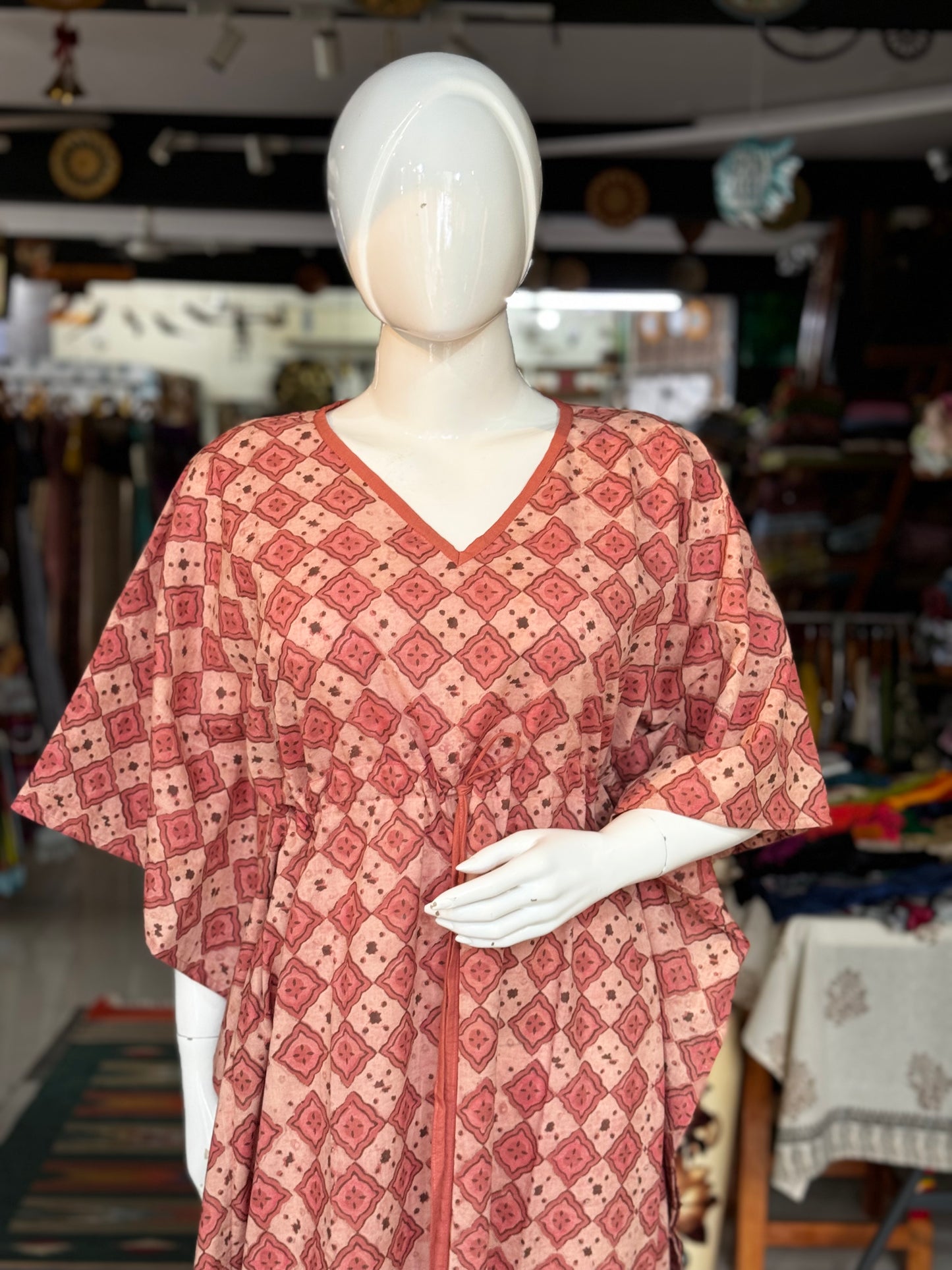 Hand block printed cotton long kaftan nighty