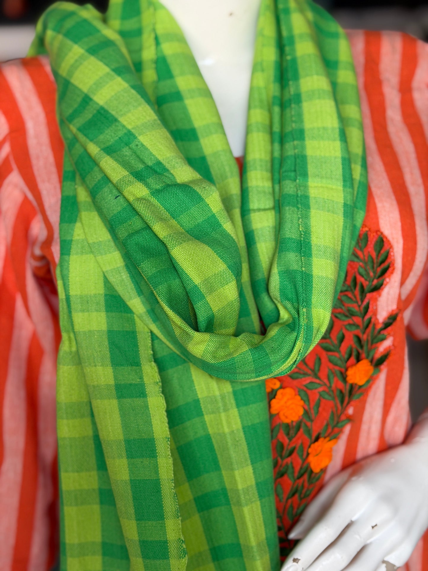 Bright green checks hand woven cotton scarf / stole