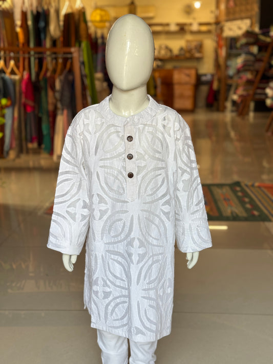 White applique long cotton kurta for boys - handcrafted clothing
