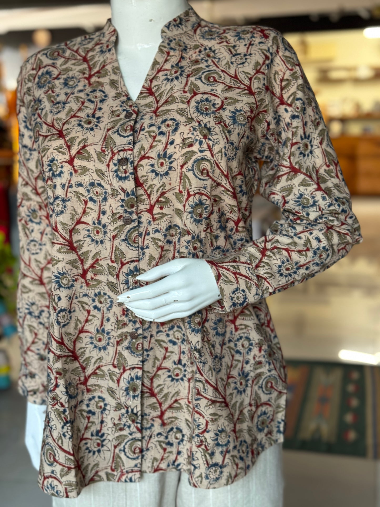 Off white Kalamkari floral Chinese collared top with V-neckline - hand block printed, Hand spun, hand woven cotton