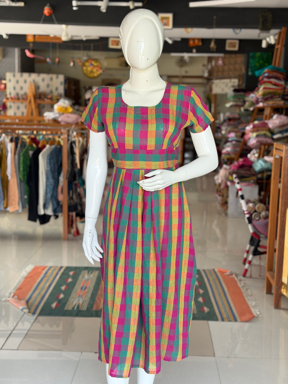 Colorful checkered handloom kala cotton pleated dress
