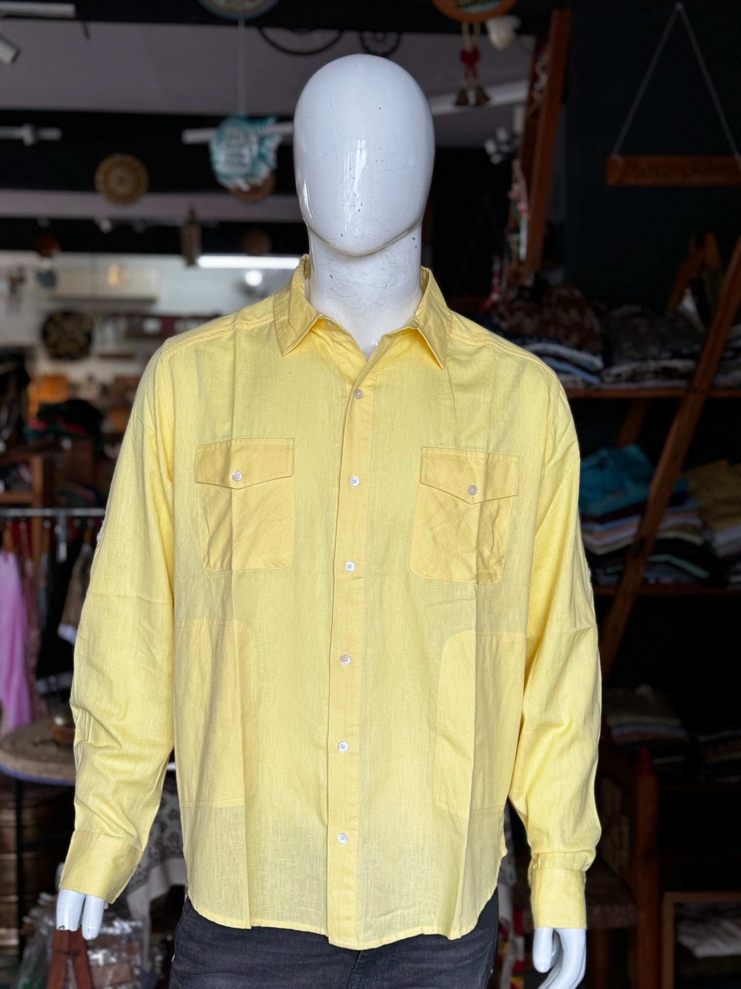 Yellow 4 pockets linen cotton designer shirt for men