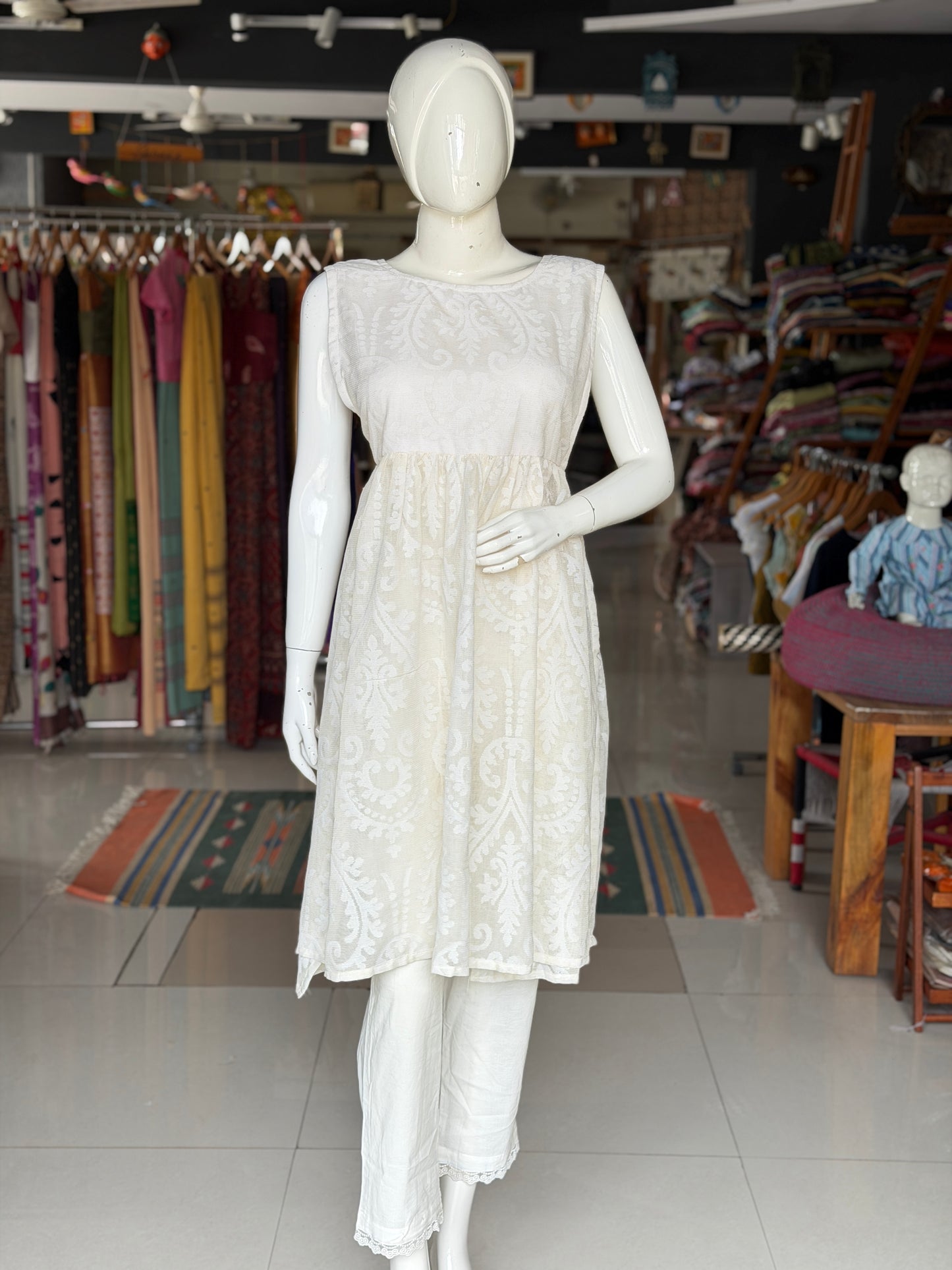 Off white banaras cotton cut work side ties dress / Kurti