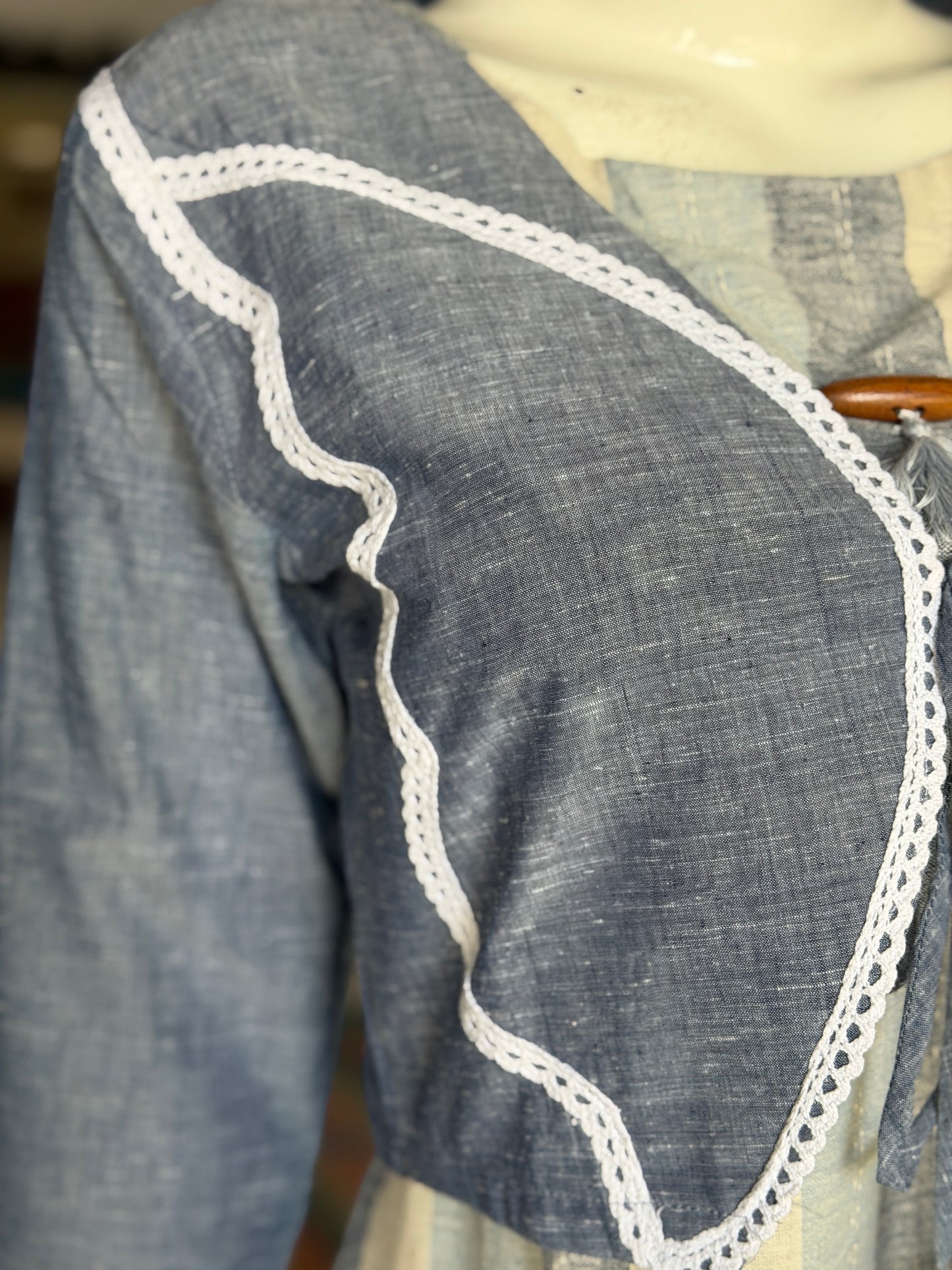 Indigo Blue handwoven cotton tie front butterfly design short shrug / jacket
