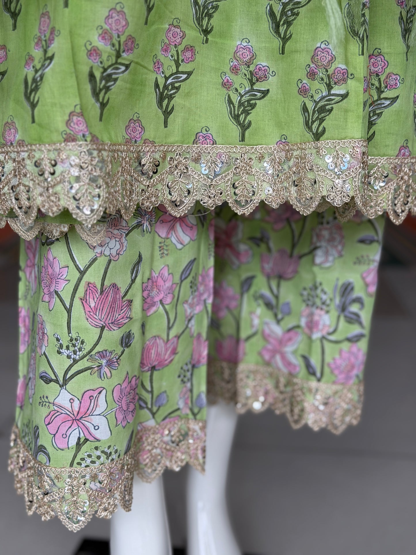 Green floral hand block print with lace detailing flared kurti, pants and dupatta - 3 piece set