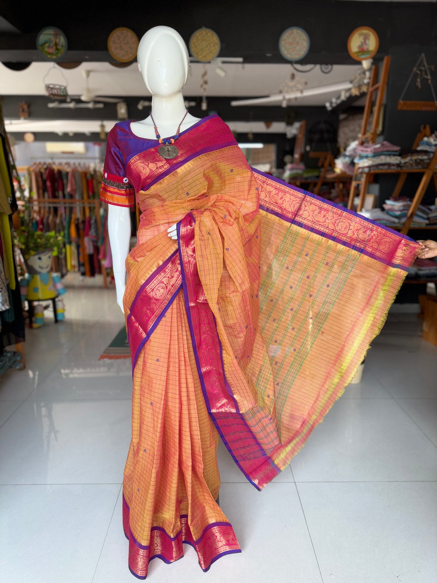 Yellow x pink cotton checkered Venkatagiri power loom saree with purple border