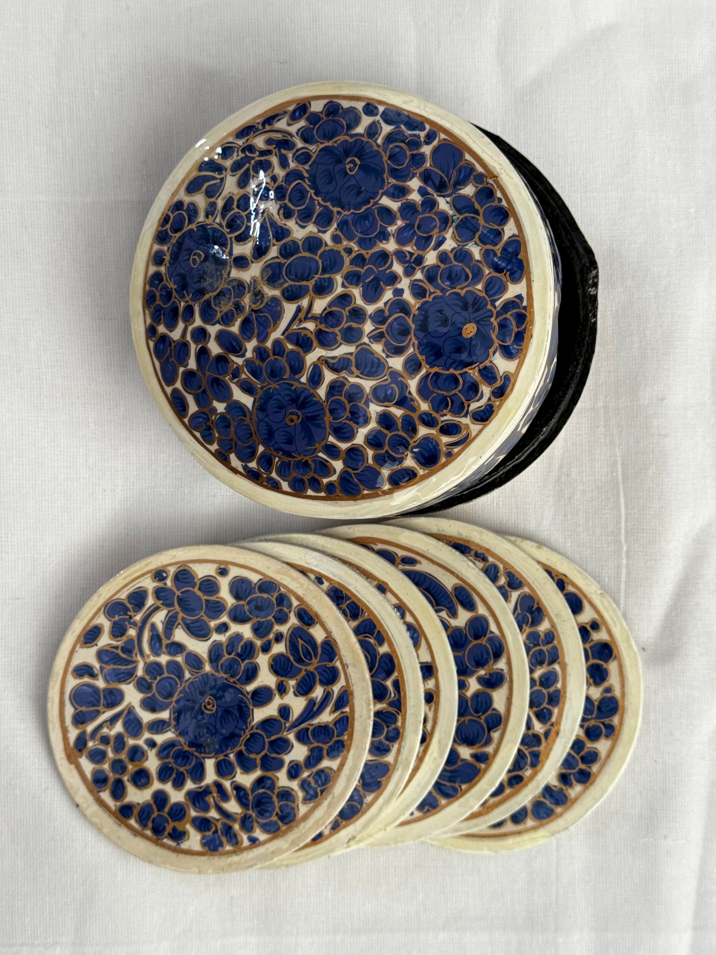 Round Coasters 6 piece set with container - Kashmiri Papier mache hand painted