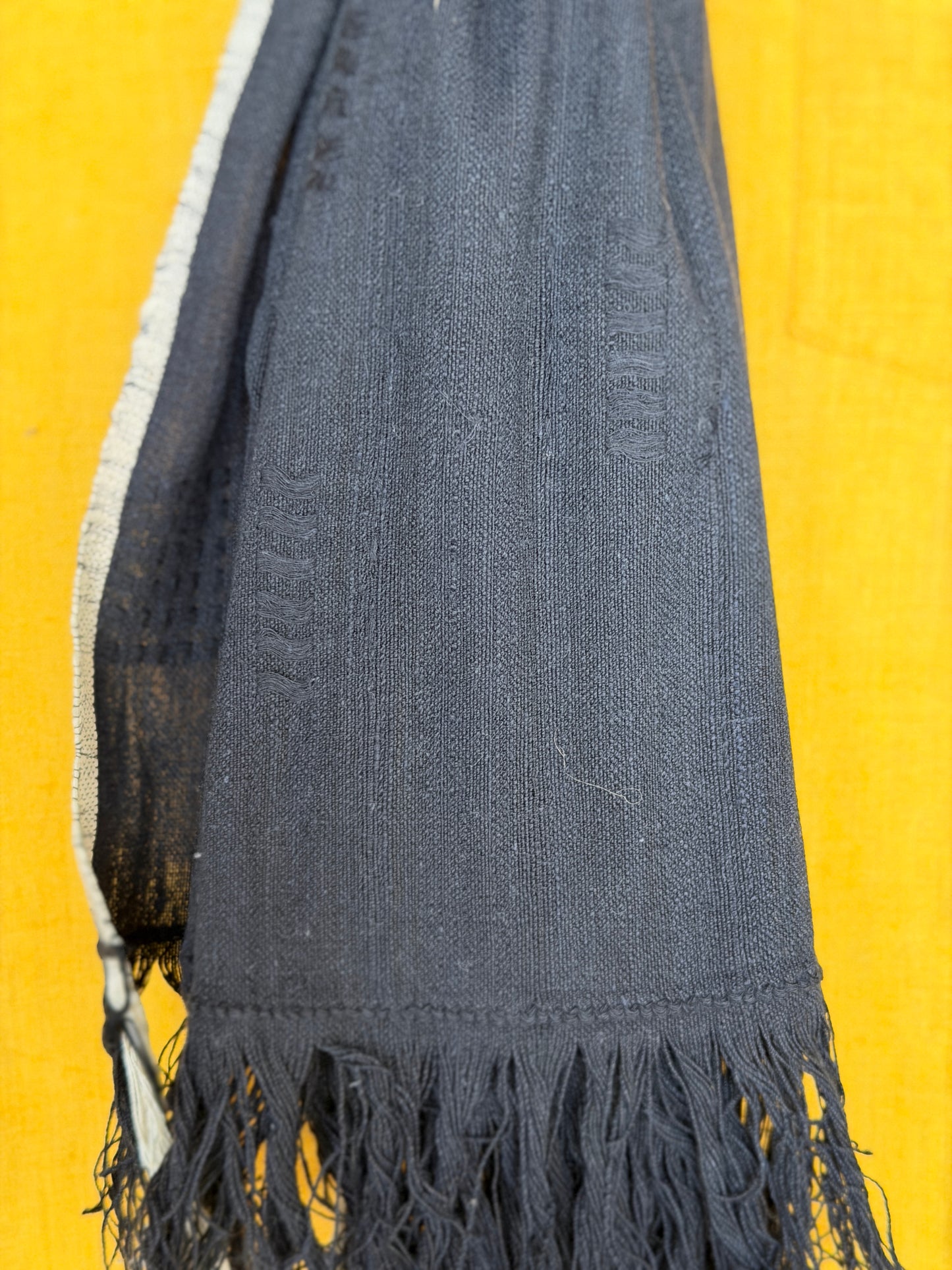 Black hand spun, hand woven cotton stole with textured square patterns
