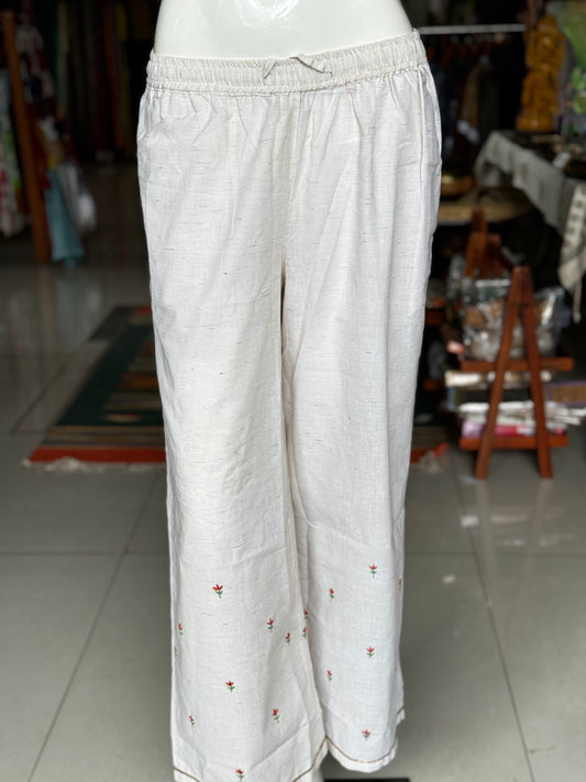 Off white cotton hand embroidered palazzo pants