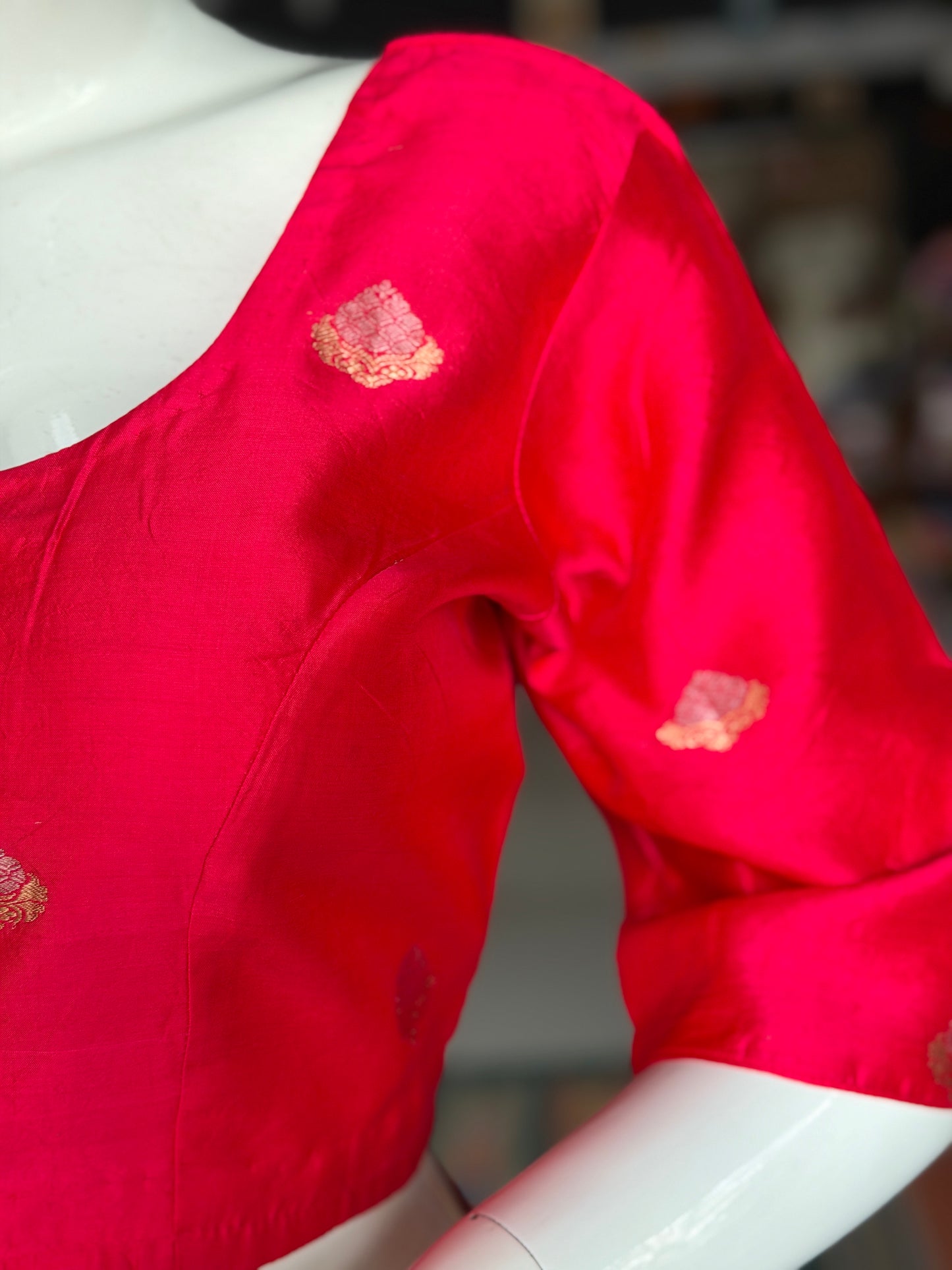 Red with gold and silver butis handwoven silk blouse